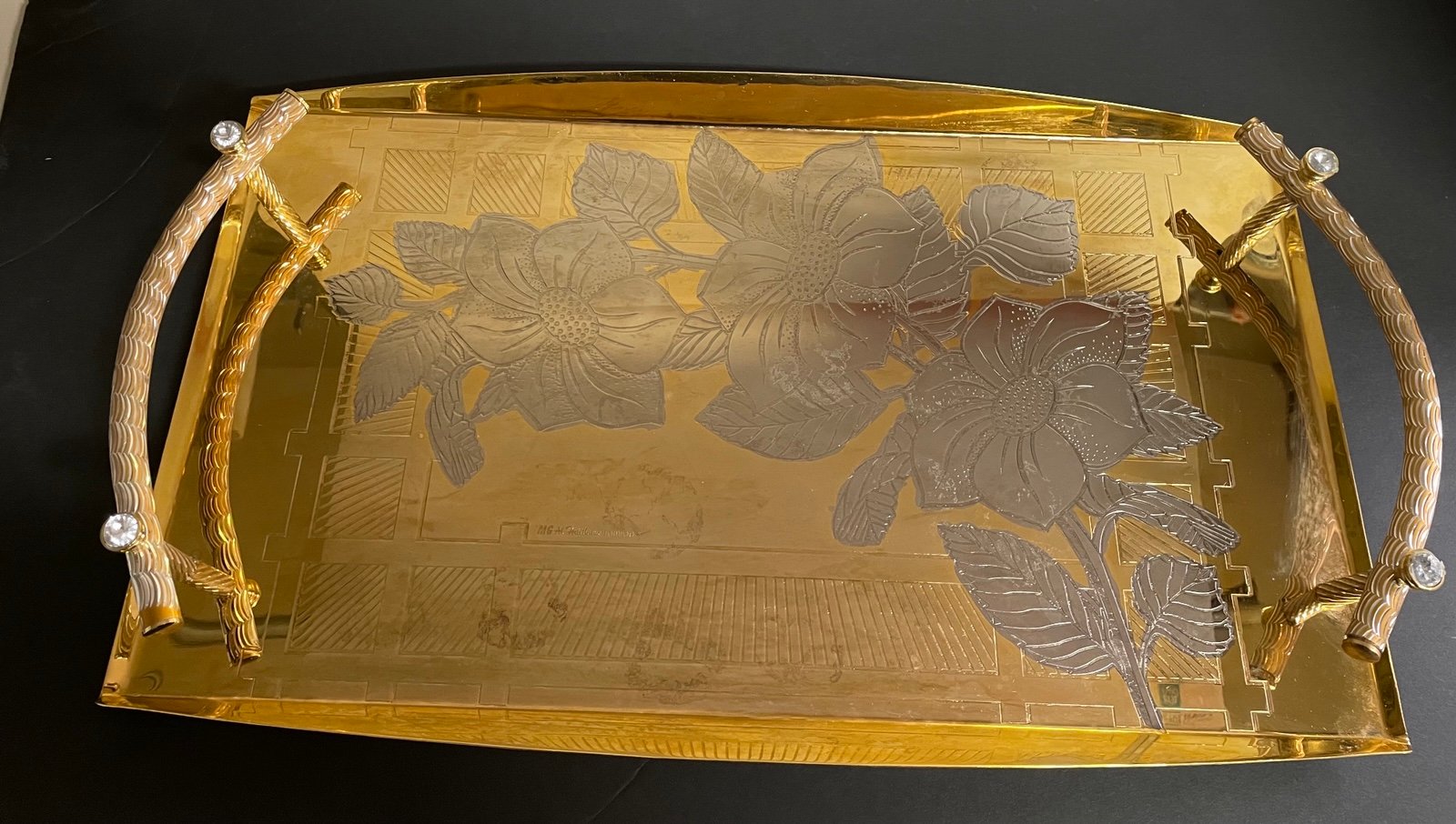 Al Haitham Gold Plated Etched Floral Jeweled Handle Vanity Tray