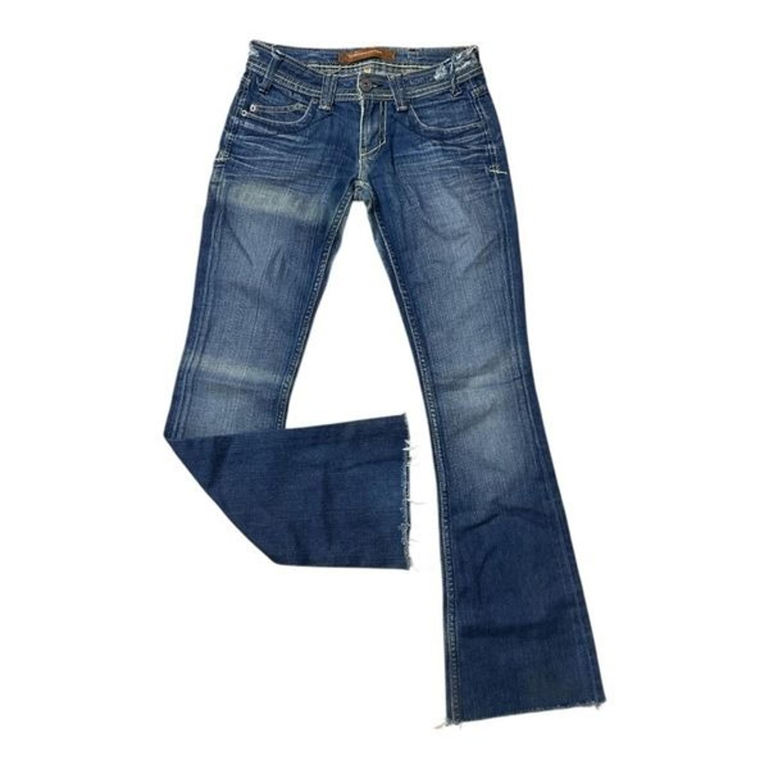 Yanuk Visionary Stitch Medium Wash Blue Jeans Size 25 Flare Boho Casual Raw-Hem