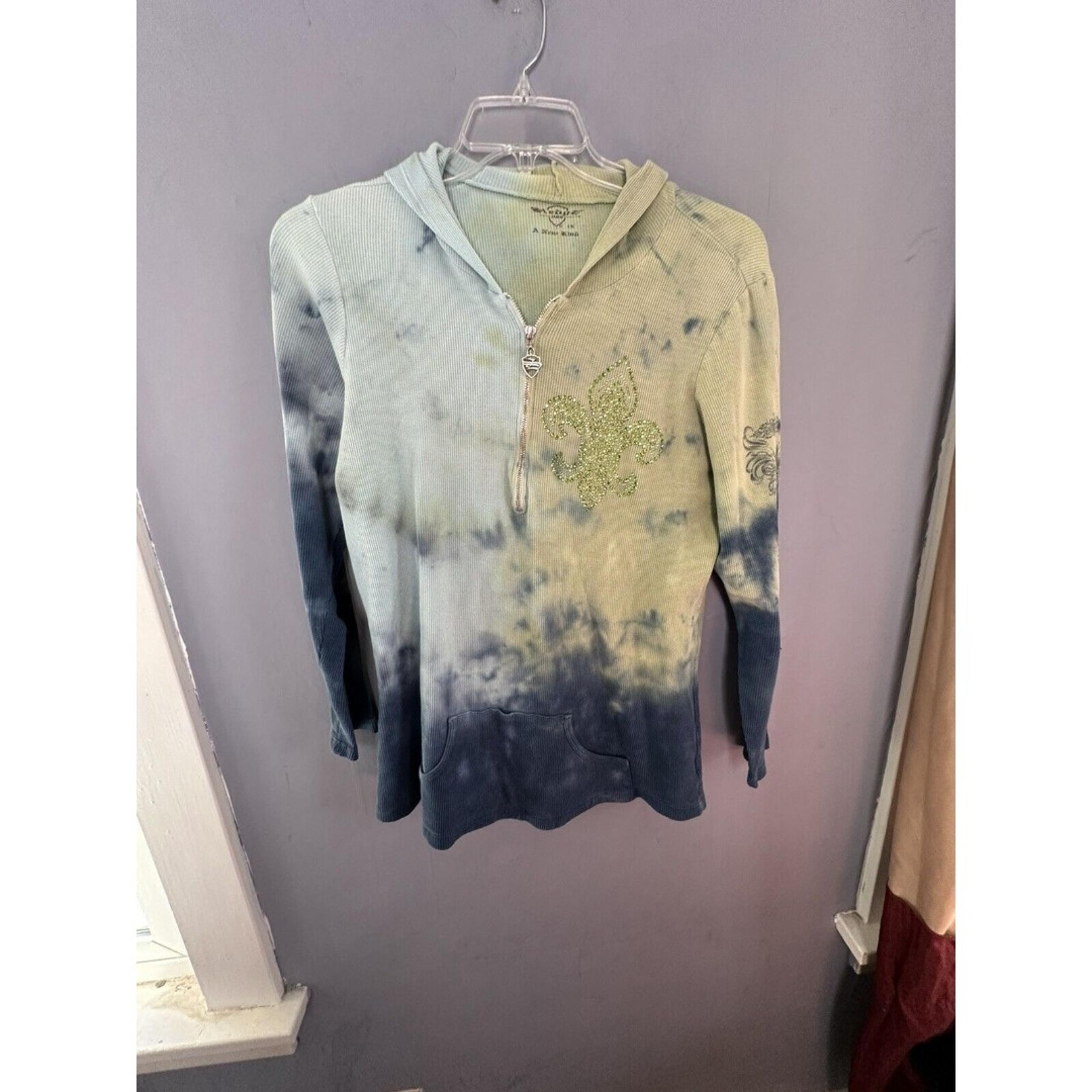 Sledge USA Womens Green Tie Dye Zip Up Hoodie Thermal Sweatshirt Size 1X Vintage
