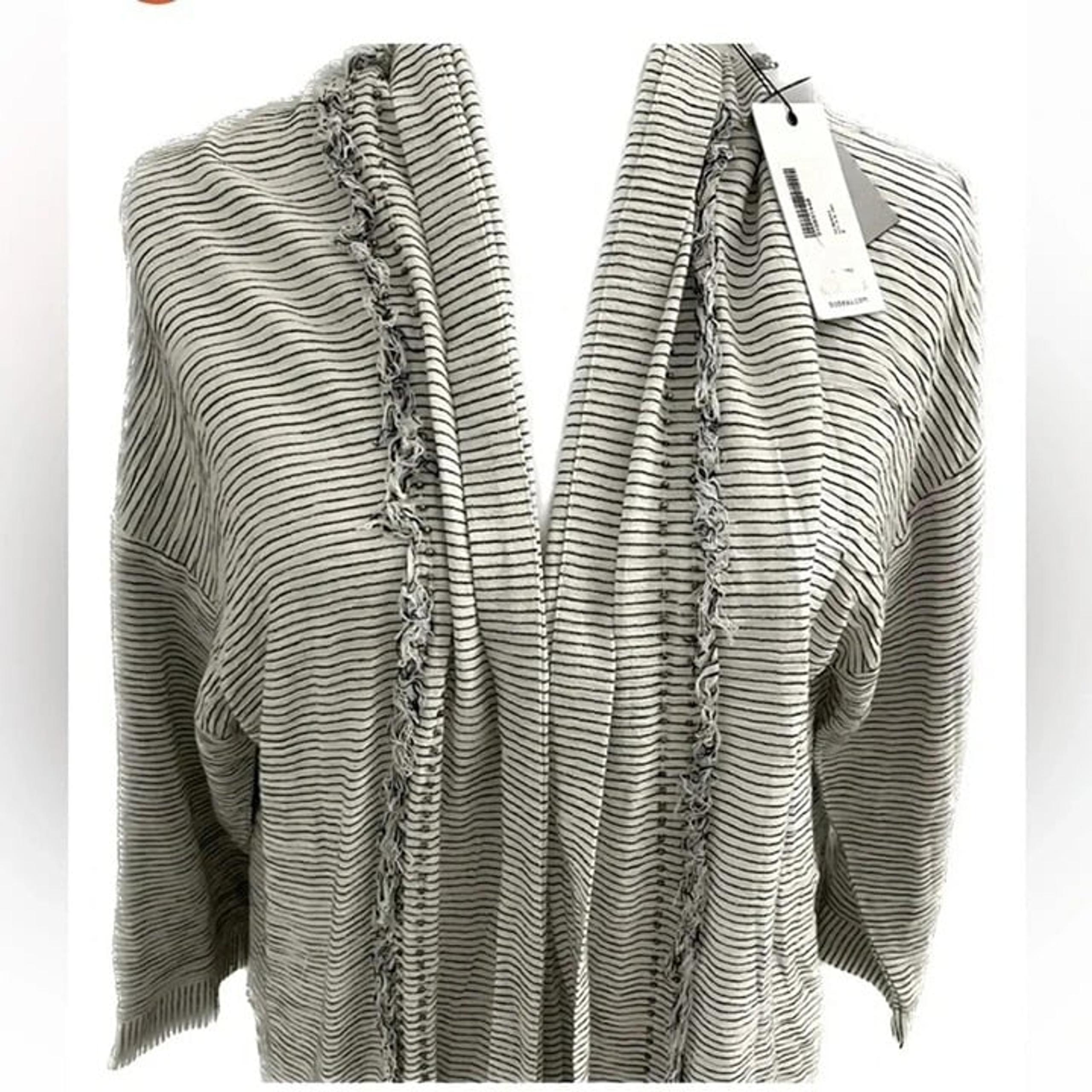 BOBEAU Womens Cotton Open Front Striped Fringe Cardigan Blue Cream NWT Small