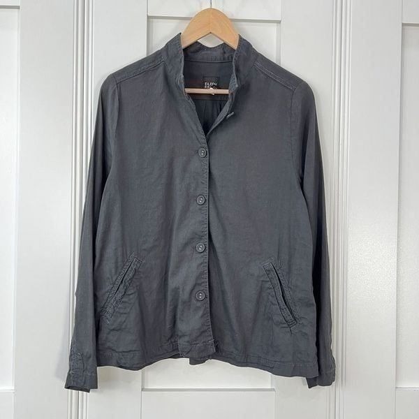 Eileen Fisher Womens Small Black Casual Button Down Shirt Top Linen Italian Yarn