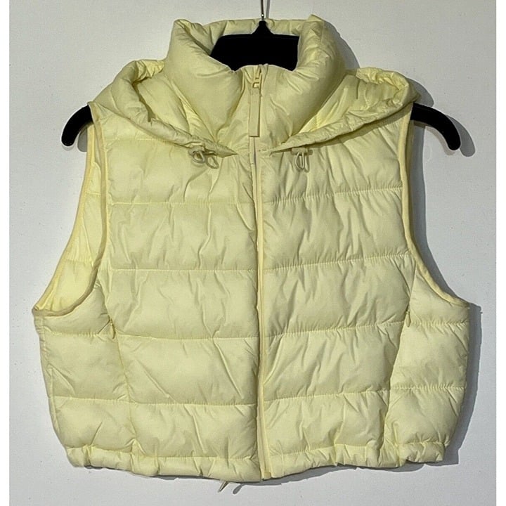 New ZARA Pastel Yellow Repellent Crop Quilted Puffer Hooded Jacket Vest