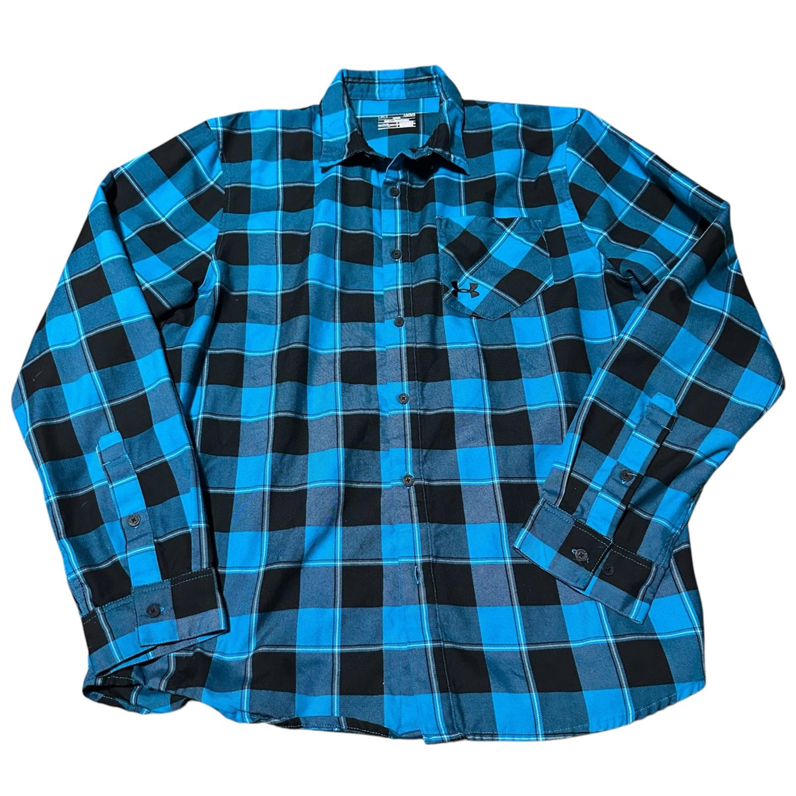 Under Armour Mens Large Cold Gear Flannel Button Up Shirt Black Teal Blue Plaid