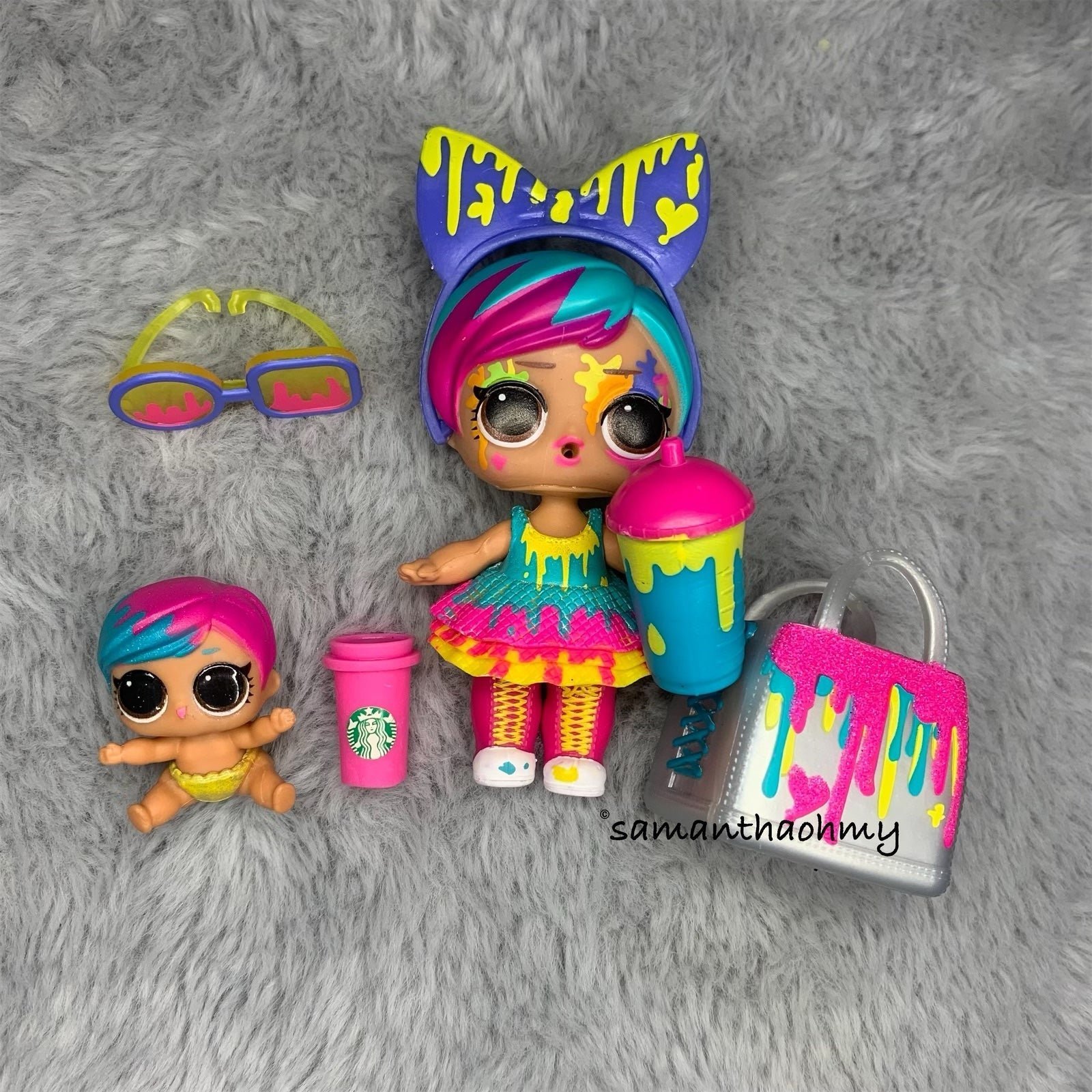 LOL Surprise Doll Splatters, Lil Sis, Starbucks Cup, Sunglasses & Bag