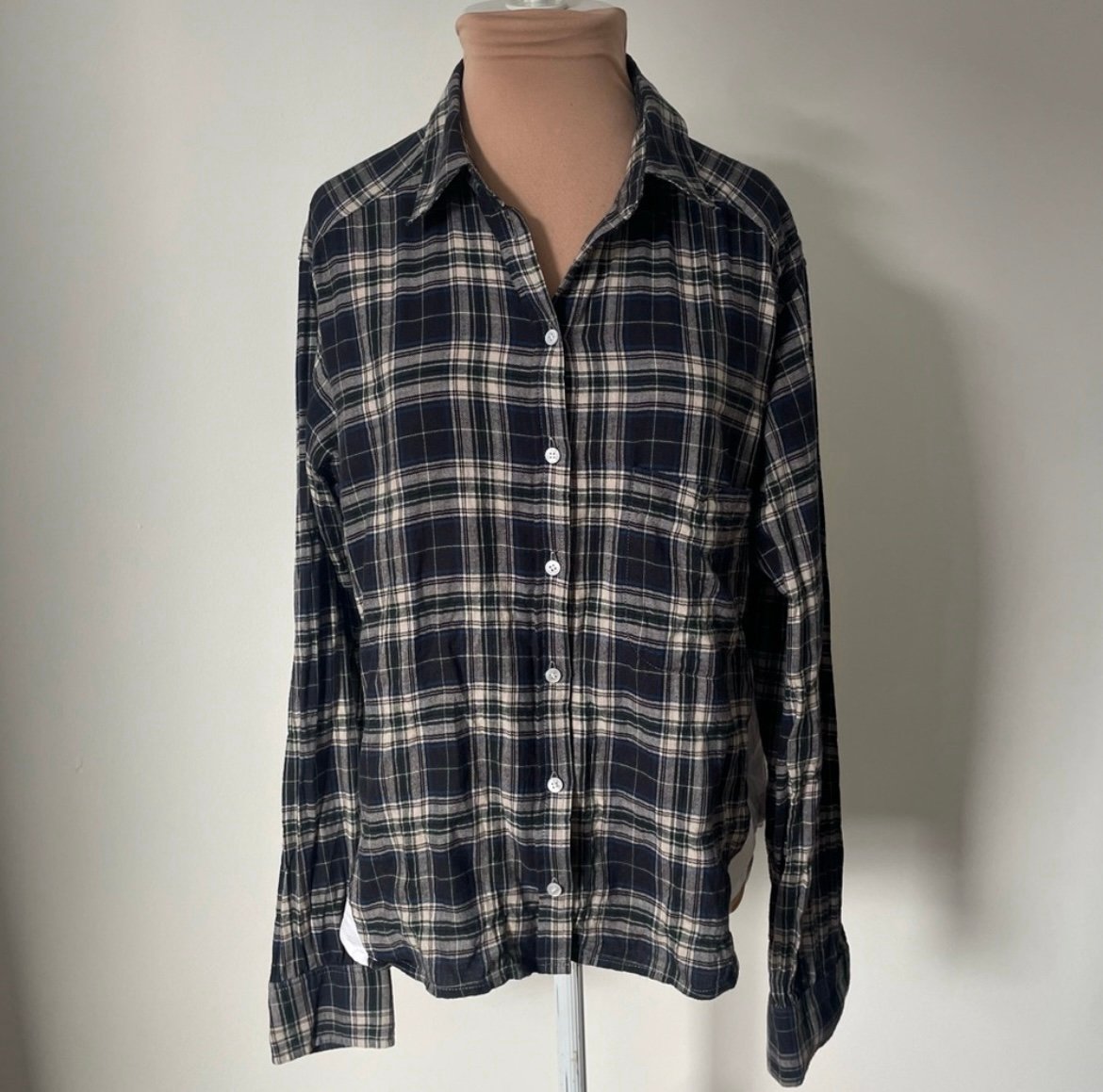Marissa Webb Plaid Print Cotton Poplin Inset Long Sleeve Button-Up Top Size S