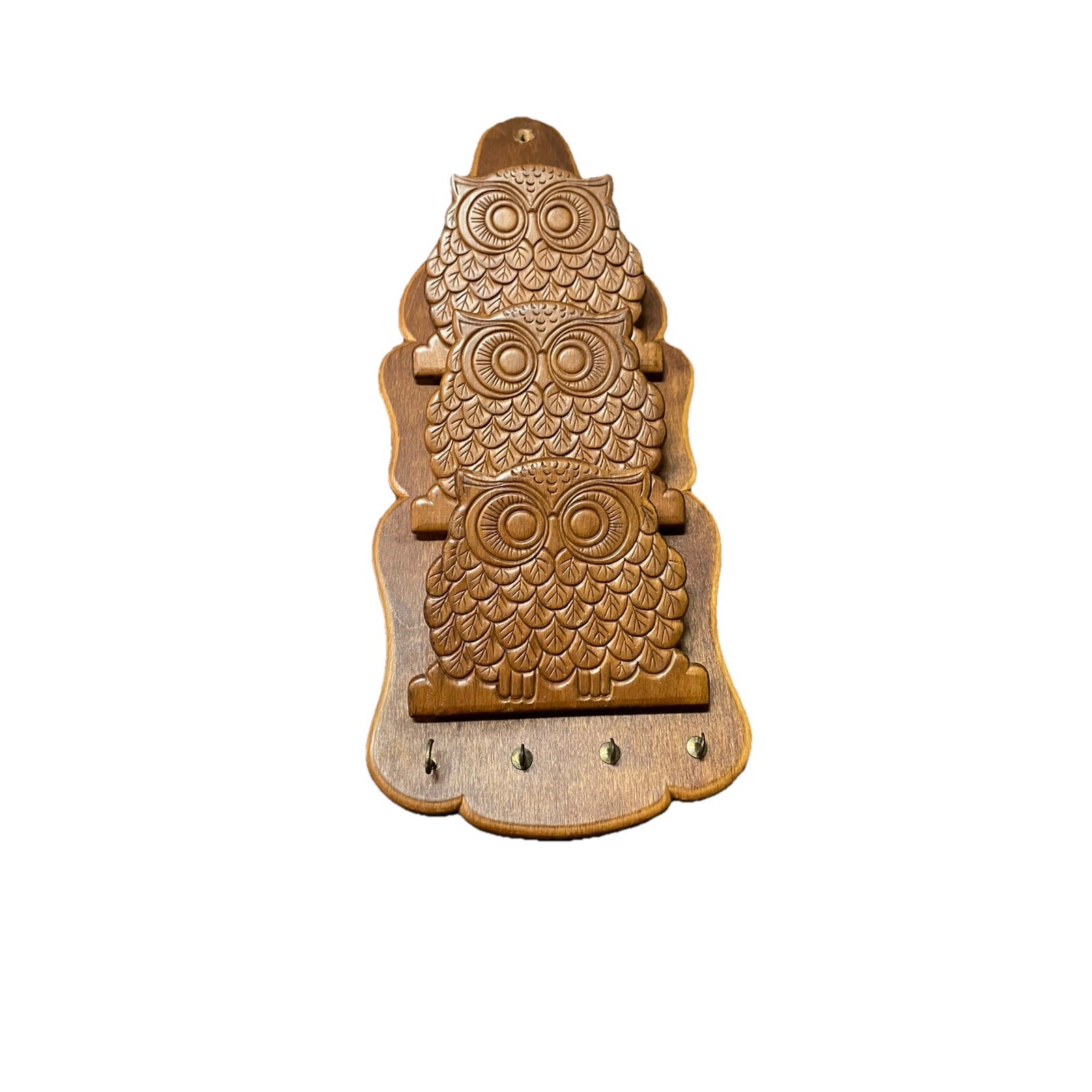 Vintage MCM Wooden Owls Letter & Key Holder Organizer Wall Hanging Boho