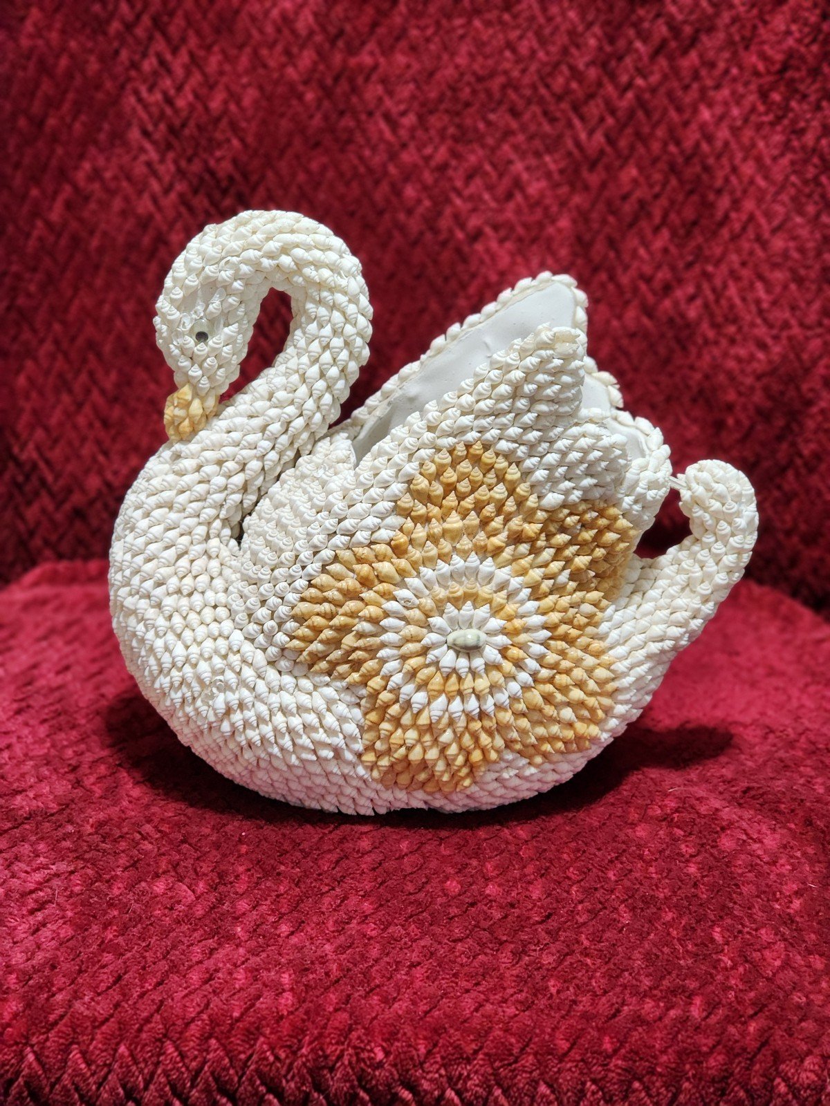 Vintage Seashell Covered Swan Planner Display Holder Folk Art 10 X 9