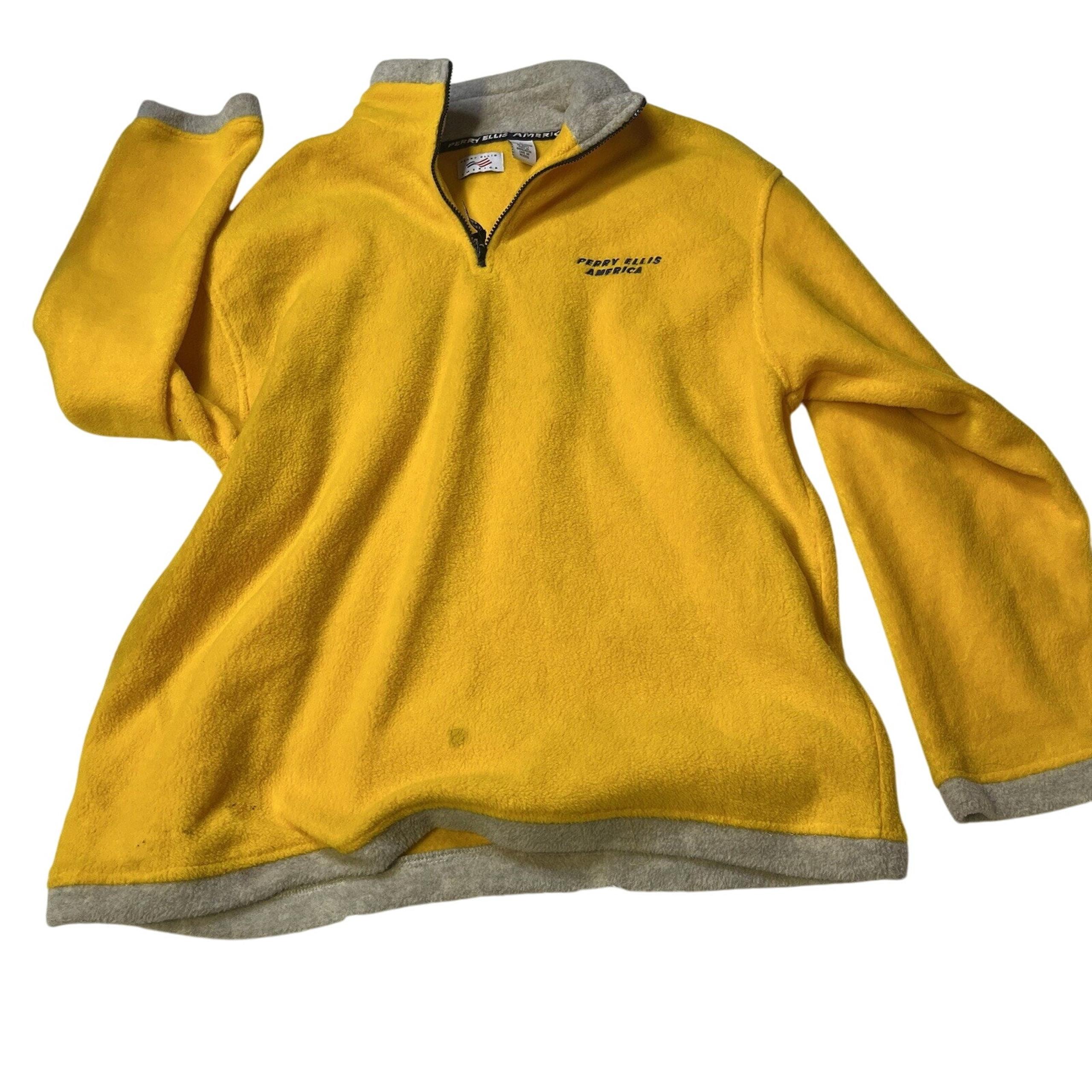 VINTAGE 90s PERRY ELLIS AMERICA FLEECE PULLOVER LOGO 1/4 ZIP #90277 L Men YELLOW