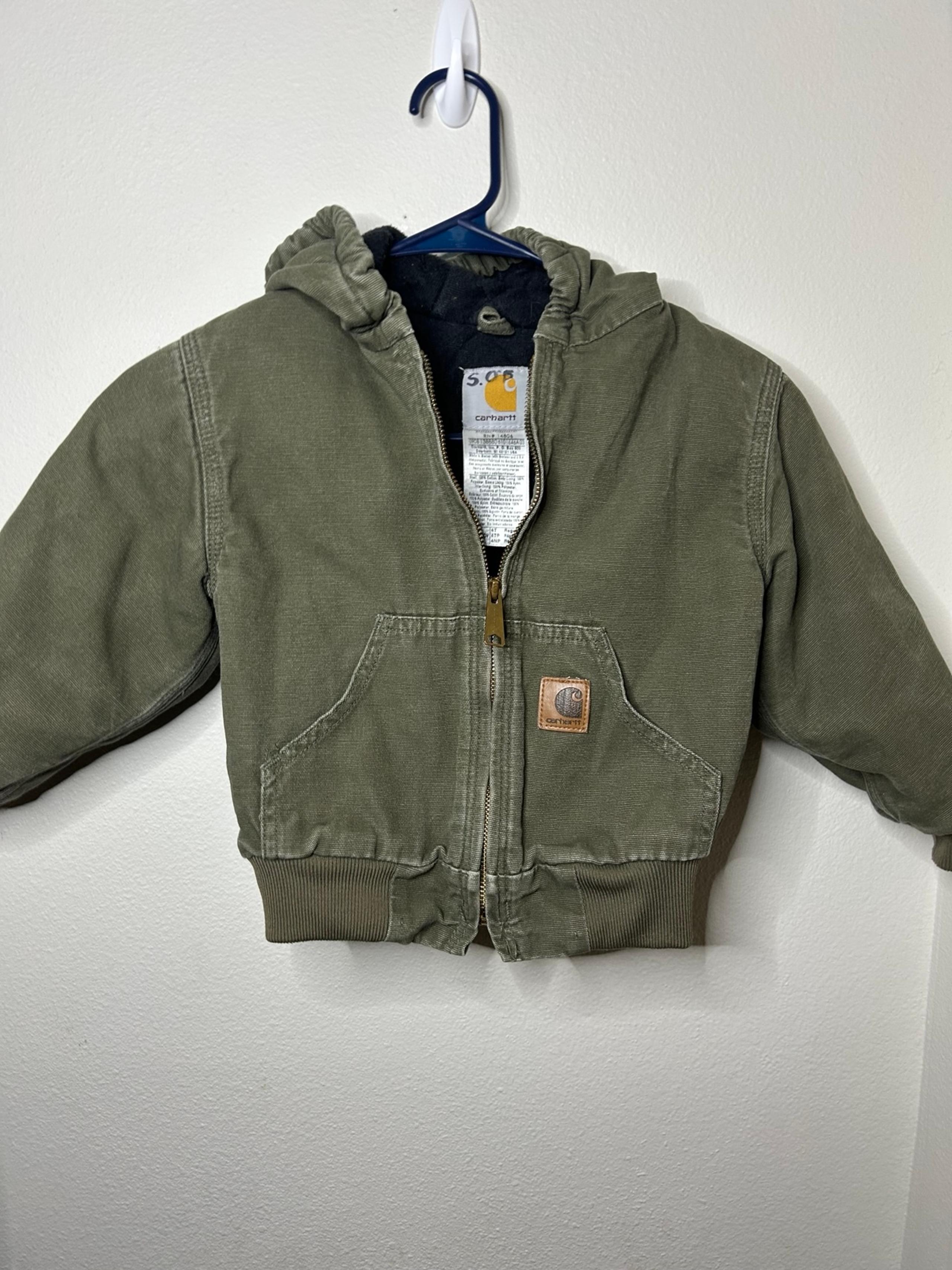 Carhartt Jacket Boys 4T Green YTj130 LOV Canvas Full Zip Hooded Coat Faded Kids
