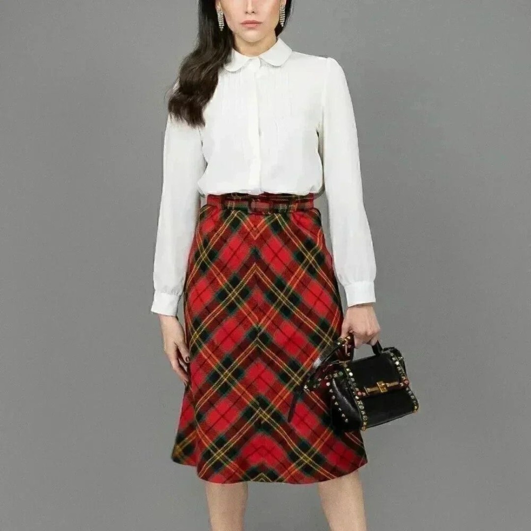 Vintage 70s Tartan Plaid Skirt Small High Waisted A Line Skirt Midi Red Plaid