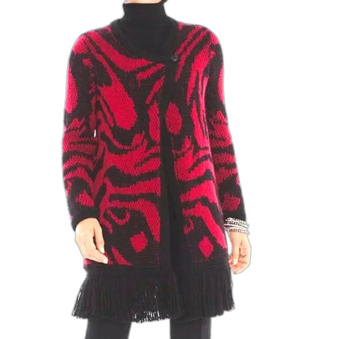 Chico's Black & Red Wool Blend Abstract Print Fringed Sweater/Coat Size 2 (L/12)