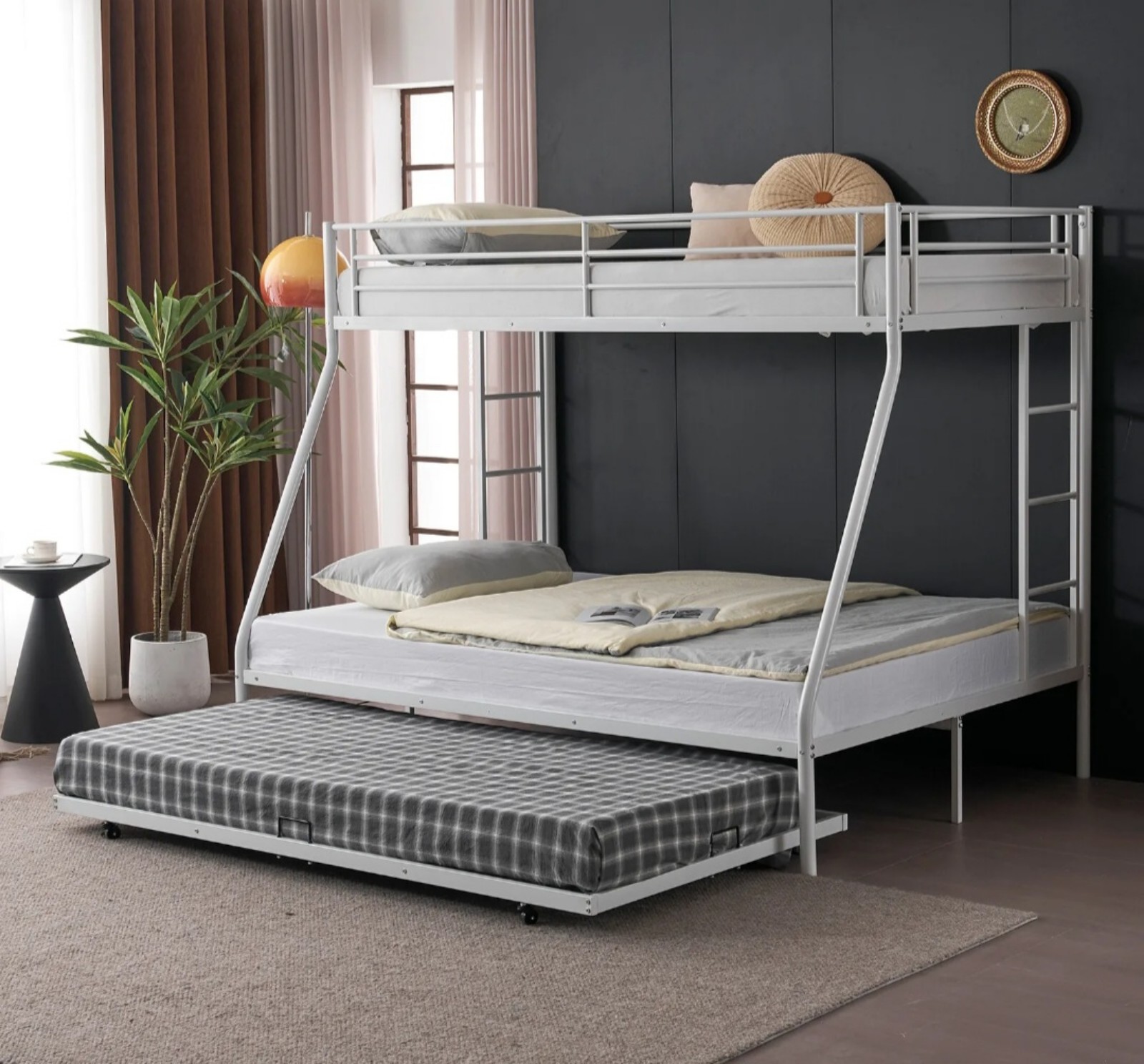 Twin over Full Bunk Bed Frame with Trundle Ladder in black