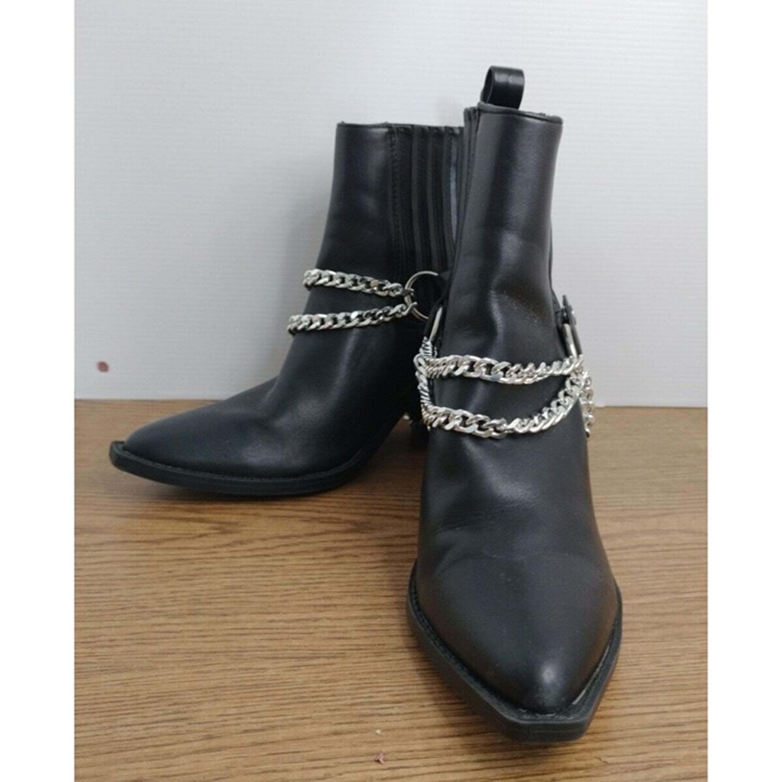 For Ever 21 Ankle Boots Size 6 Heel 3" Faux Leather silver Chain Harness Elastic