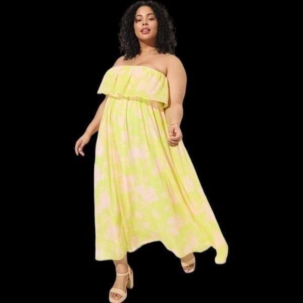 6X 30W Torrid Green Maxi Chiffon Ruffle Strapless Dress Pink Floral Smocked Neon