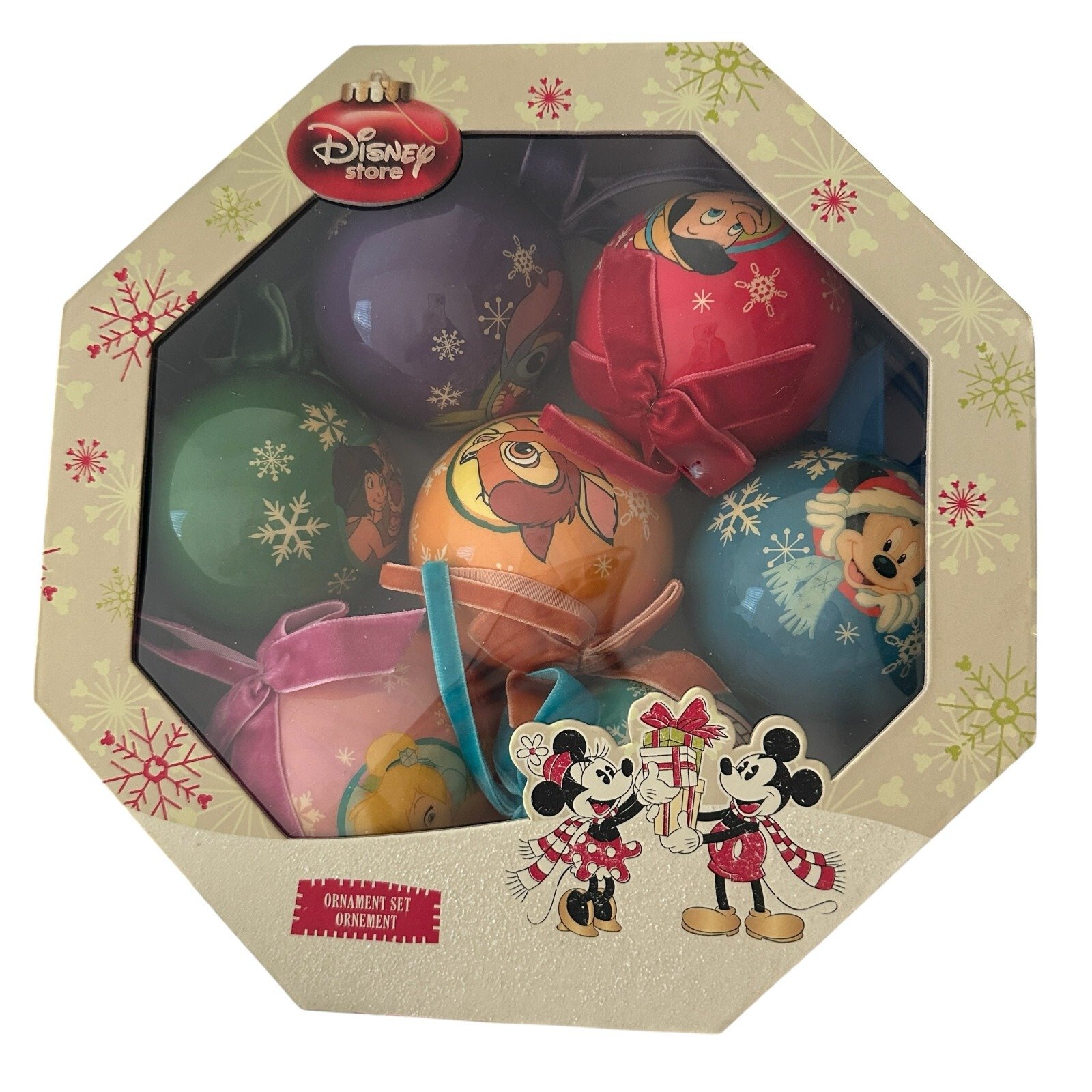 Disney Store Christmas Bambi Stitch Cheshire Cat Pinnochio Ball Ornaments 7pcs