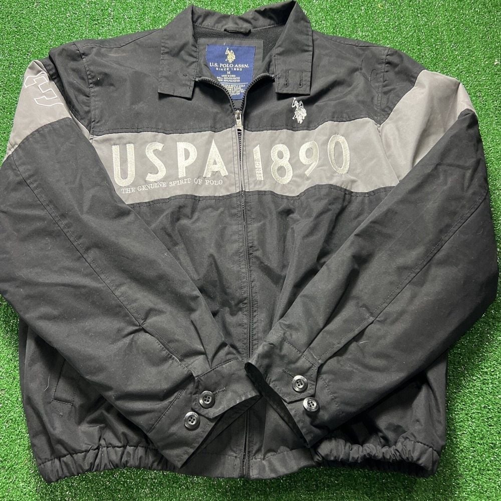 Rare US Polo Assn. USPA 1890 Black Bomber Jacket Black Gray Size Medium
