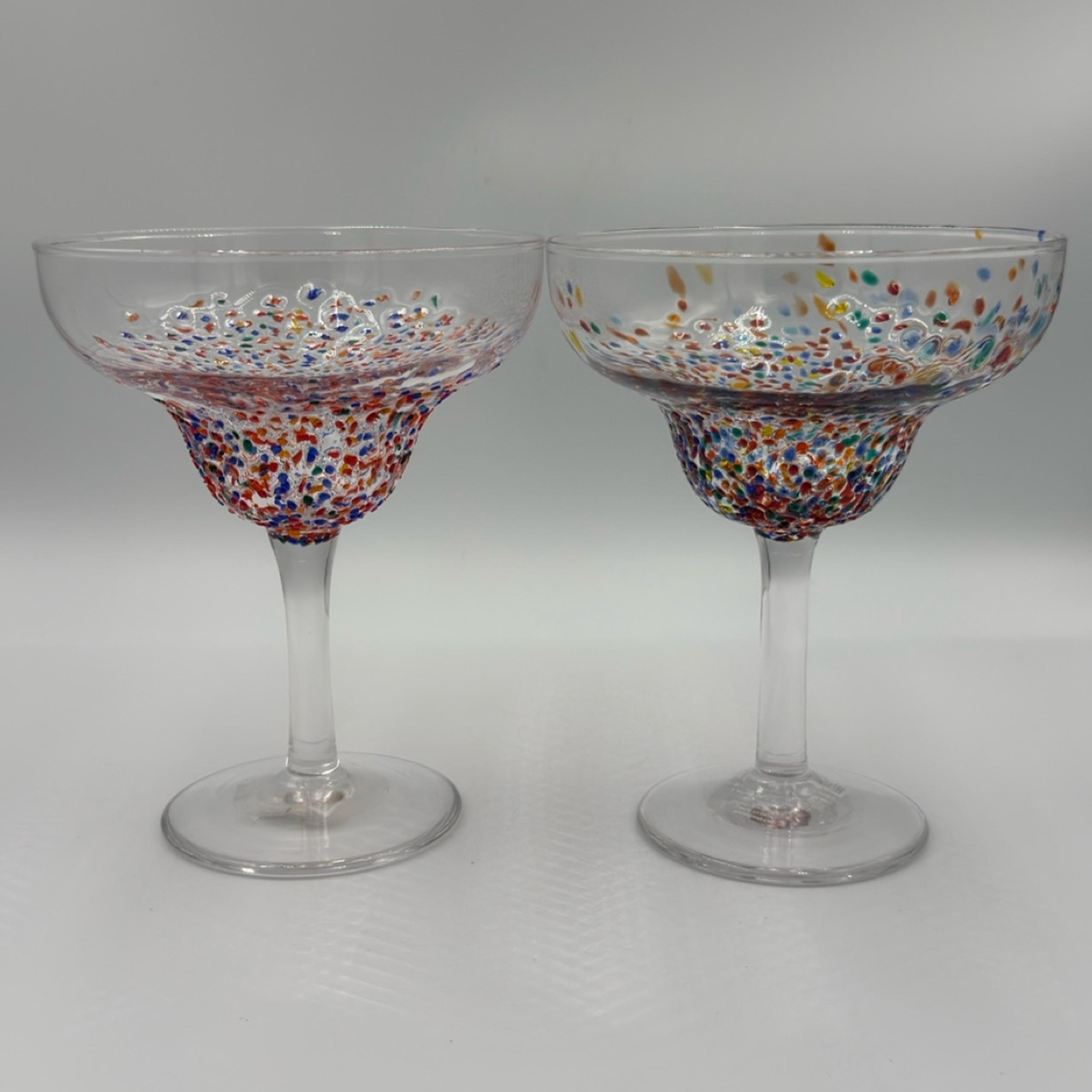 Pier 1 Hand Blown Multi Dot Margarita Glasses Set of 2 New Old Stock