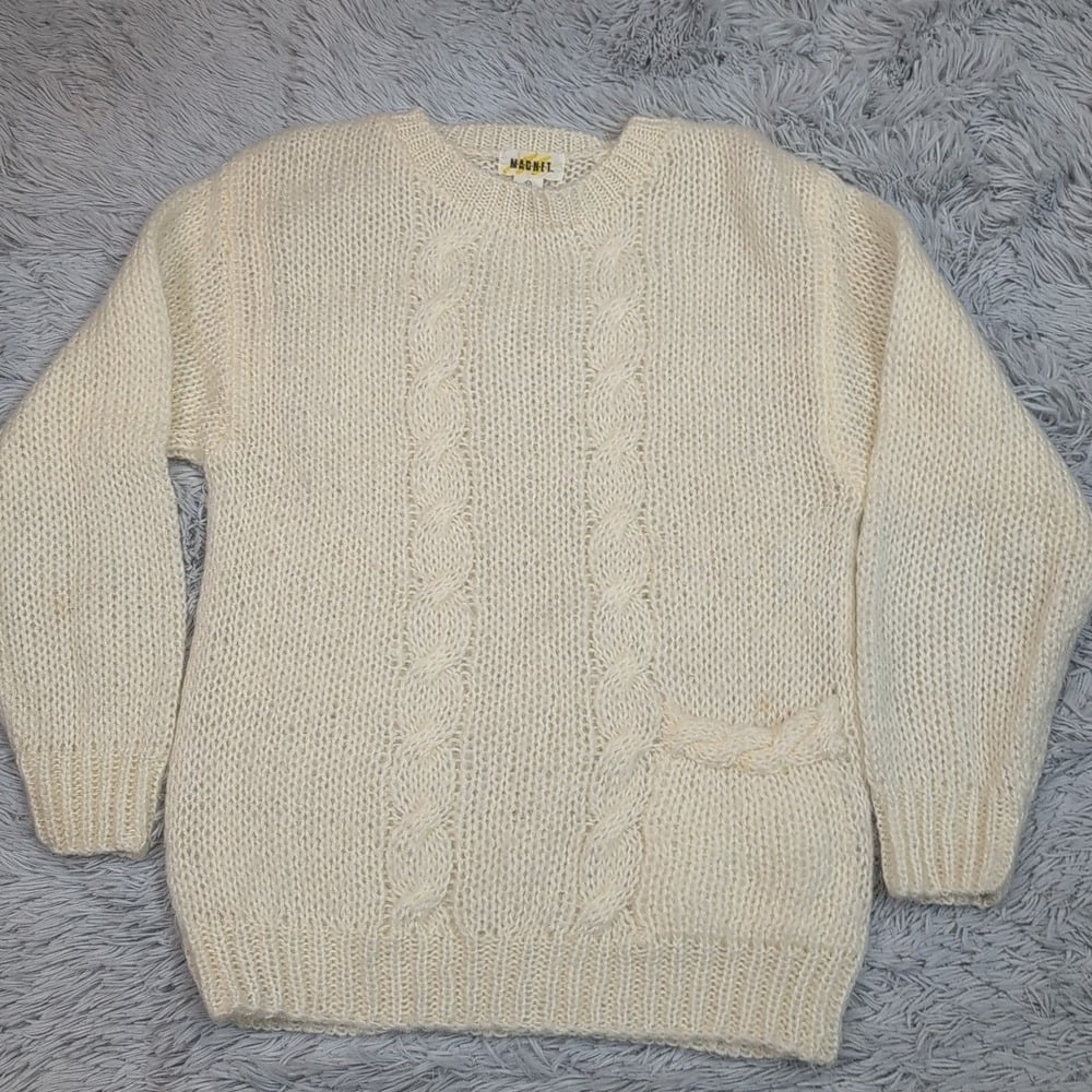 Vintage Magnet Sweater Womens M Wool Blend Open Knit Pocket Cozy Comfort Casual