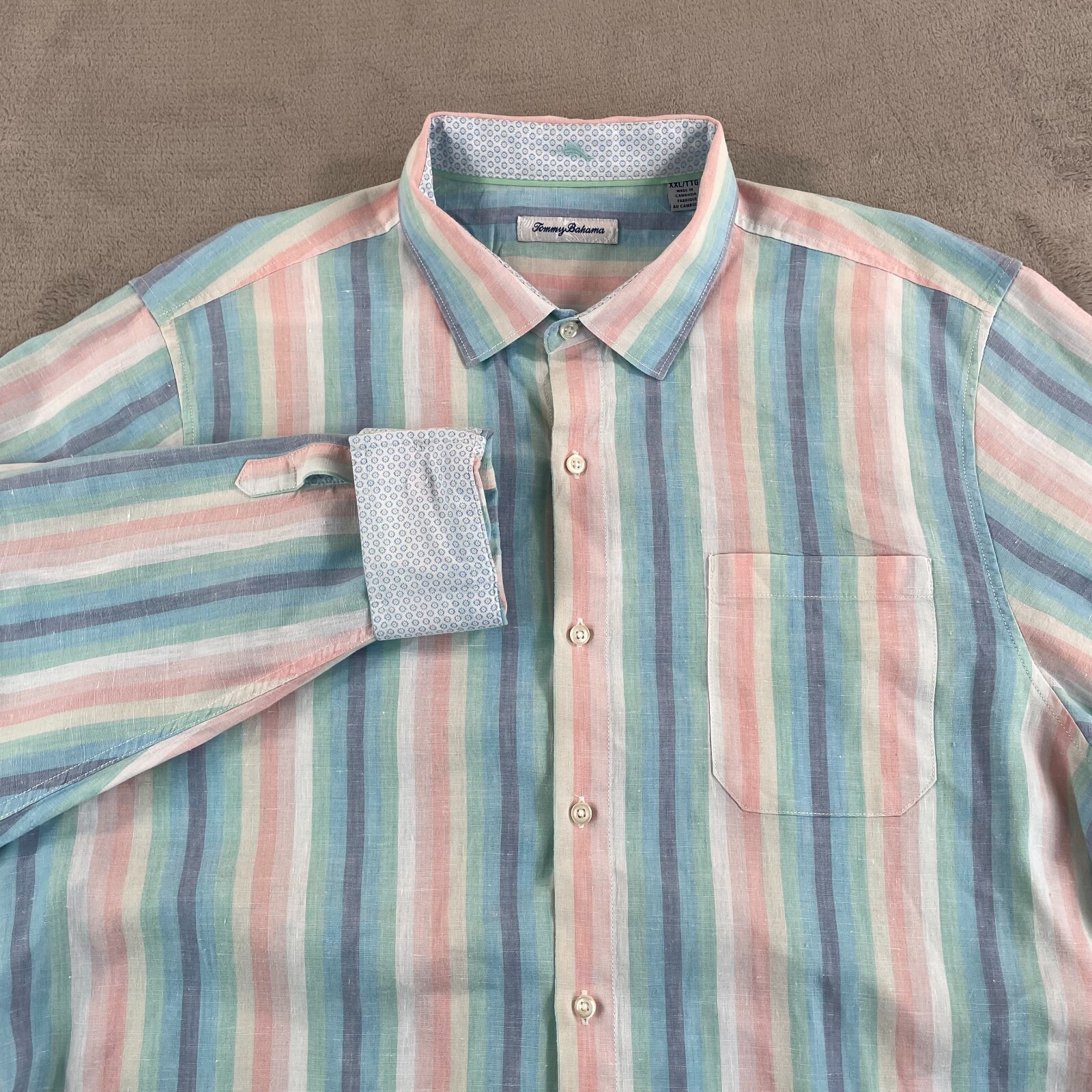 Tommy Bahama Linen Blend Shirt Men 2XL Multi Striped Easter Pastel Flip Cuff NEW