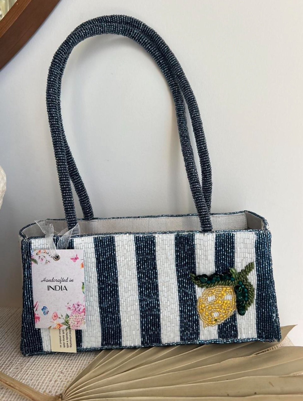 Viral Blue and White Stripe with Lemon Bag, NWT, Handcrafted in India