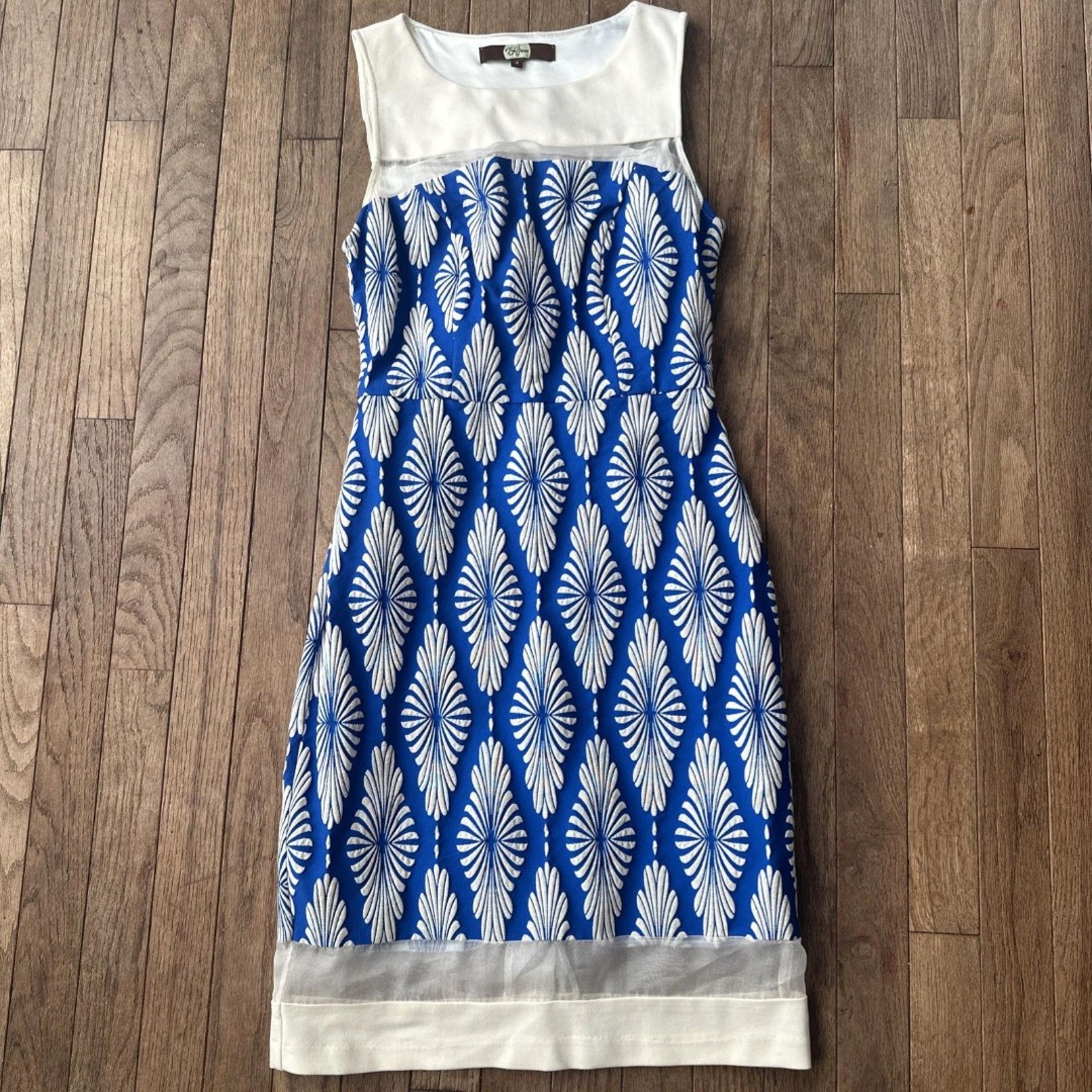 Eva Franco Blue White Geometric Sheath Dress Size 4 Cotton Blend