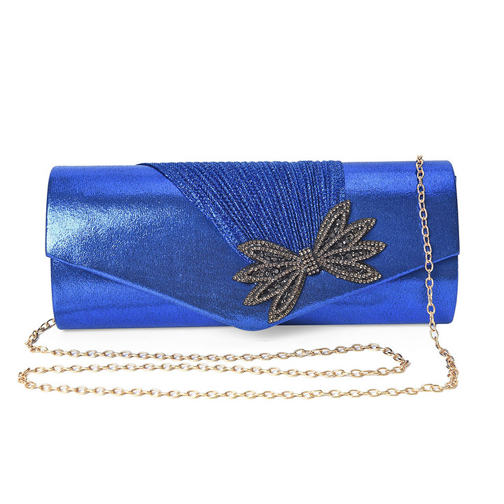 Blue, Austrian Crystal Glitter Bow Evening Clutch w Detachable Crossbody Str