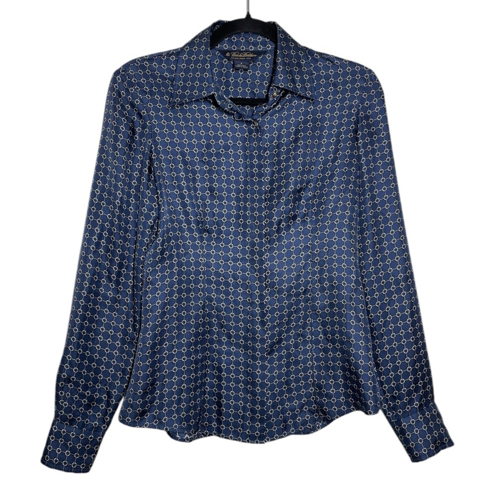 Brooks Brothers Navy Blue Chain Print Silk Long Sleeve Button Up Shirt - Small