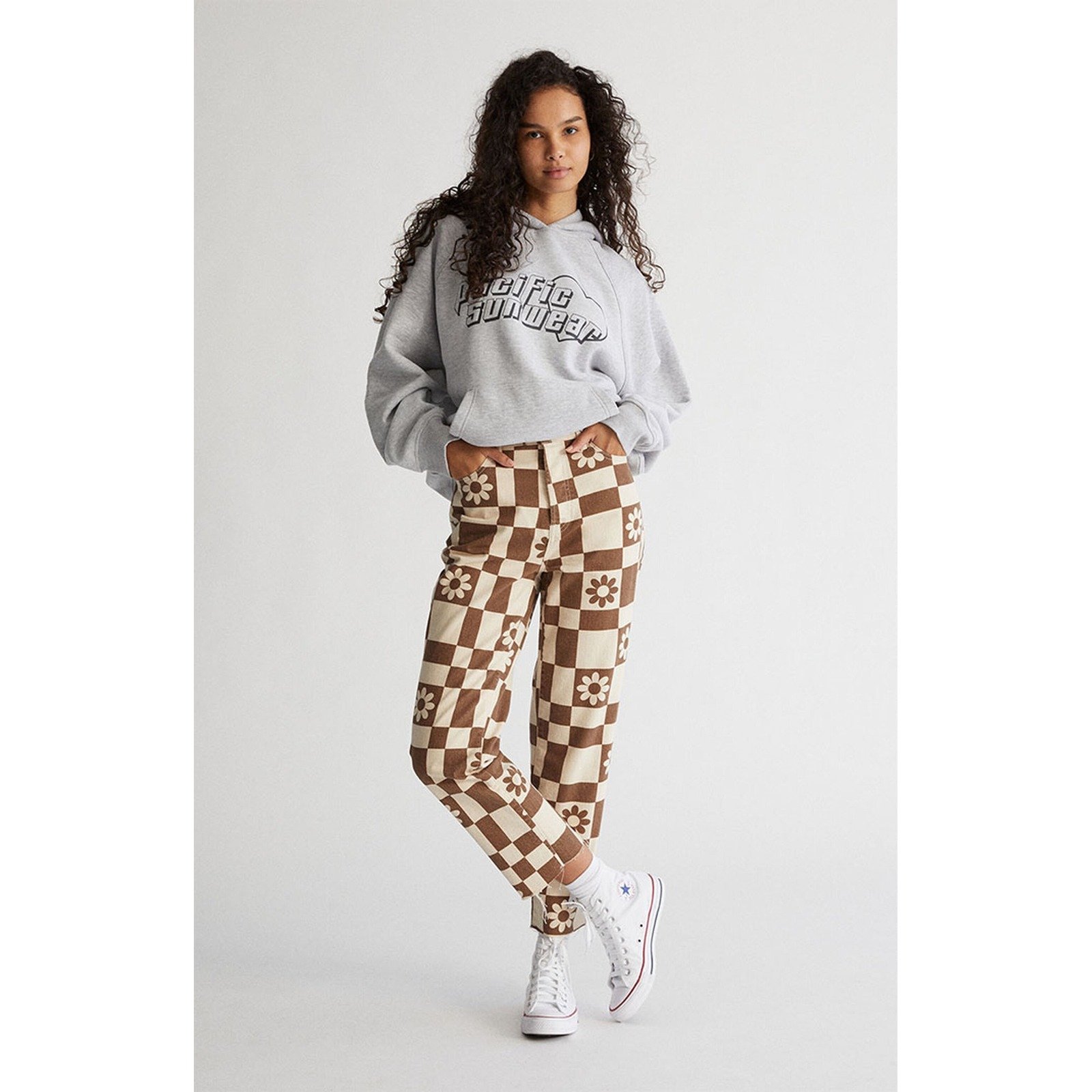 PacSun Eco Flower Checkerboard High Waisted Straight Leg Jeans Size 24
