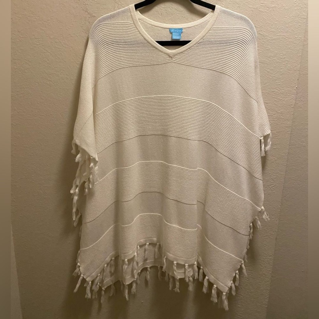 J. McLaughlin Off White Sanura Fringe Tassel Poncho One Size