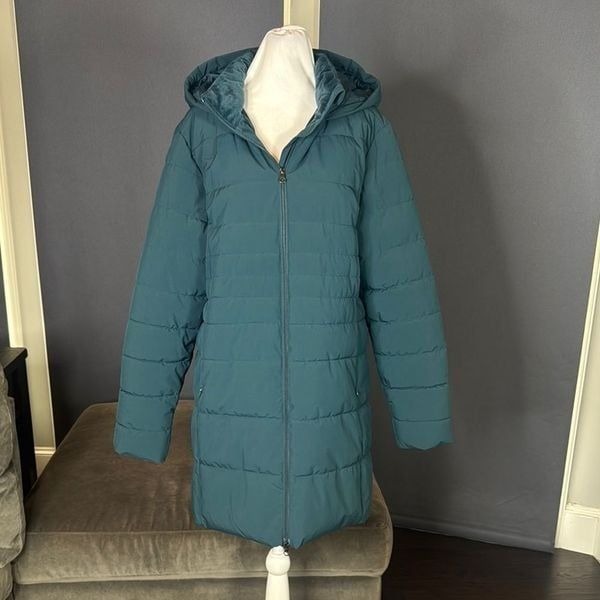 Swiss Tech Women’s Blue Green Puffer Jacket Hooded Quilted Design Size L 12/14