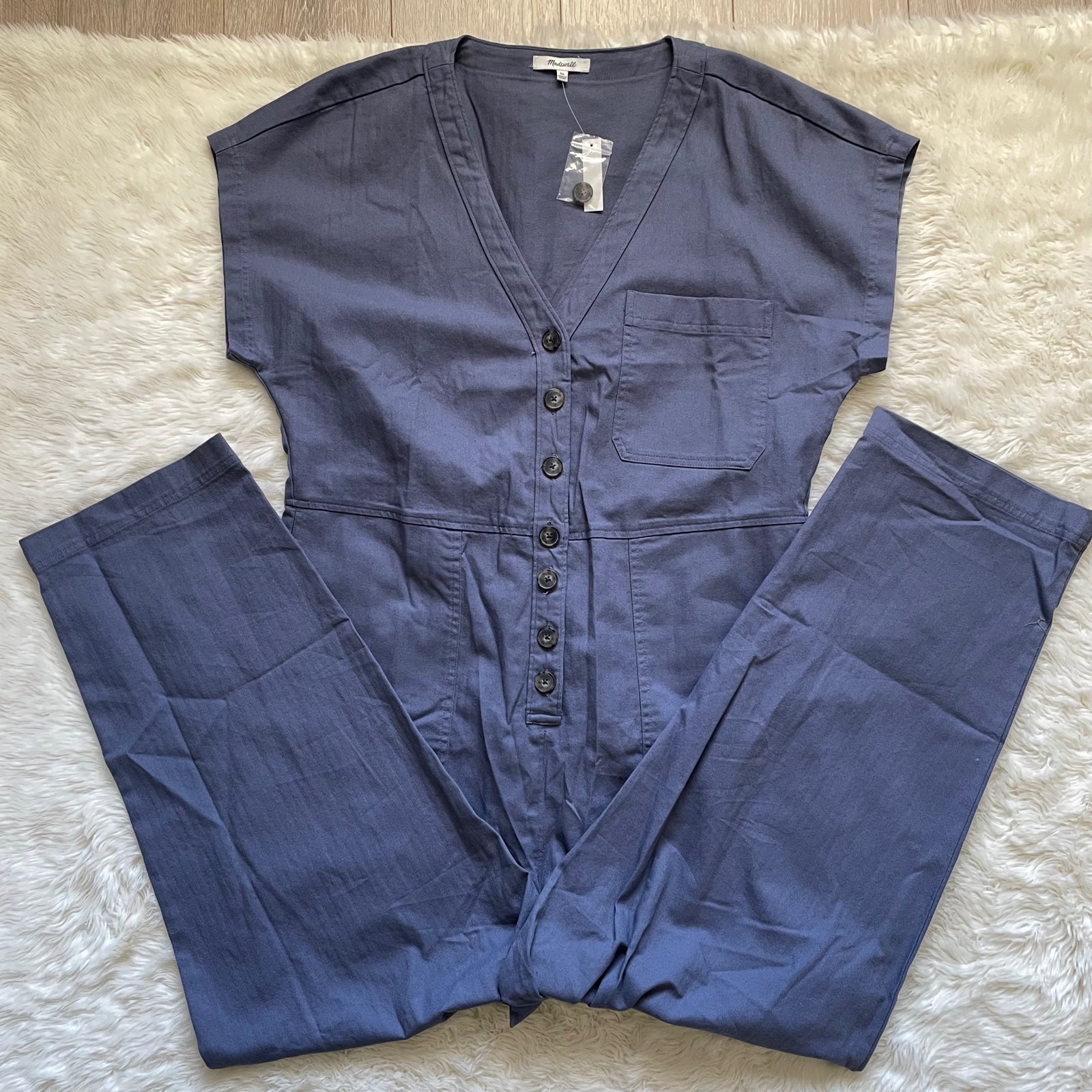 Madewell Cap-Sleeve Jumpsuit Coveralls Button Front Sunfaded Indigo XL shops NWT New