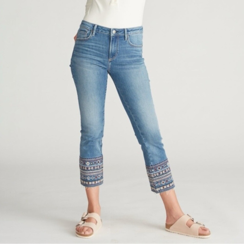 DRIFTWOOD Colette Embroidered Hem Cropped Jeans, Size 28