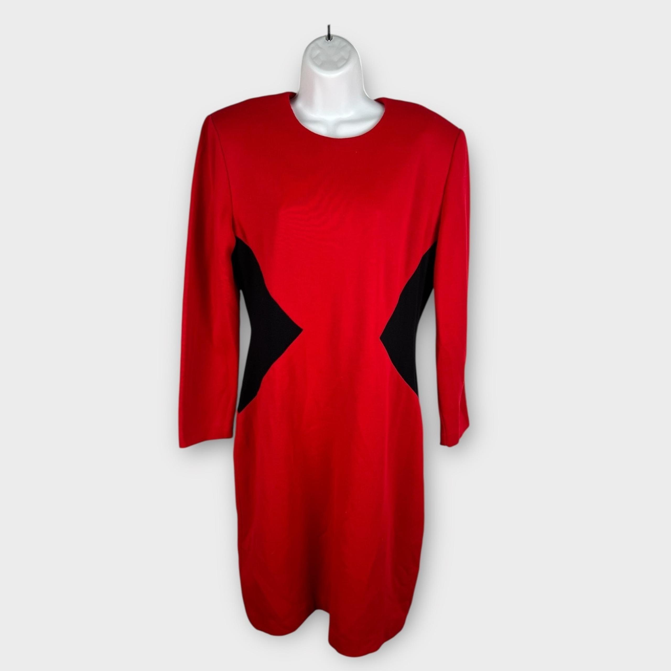 Vintage 80s Red and Black Colorblock Long Sleeve Sweater Dress Career Size 12