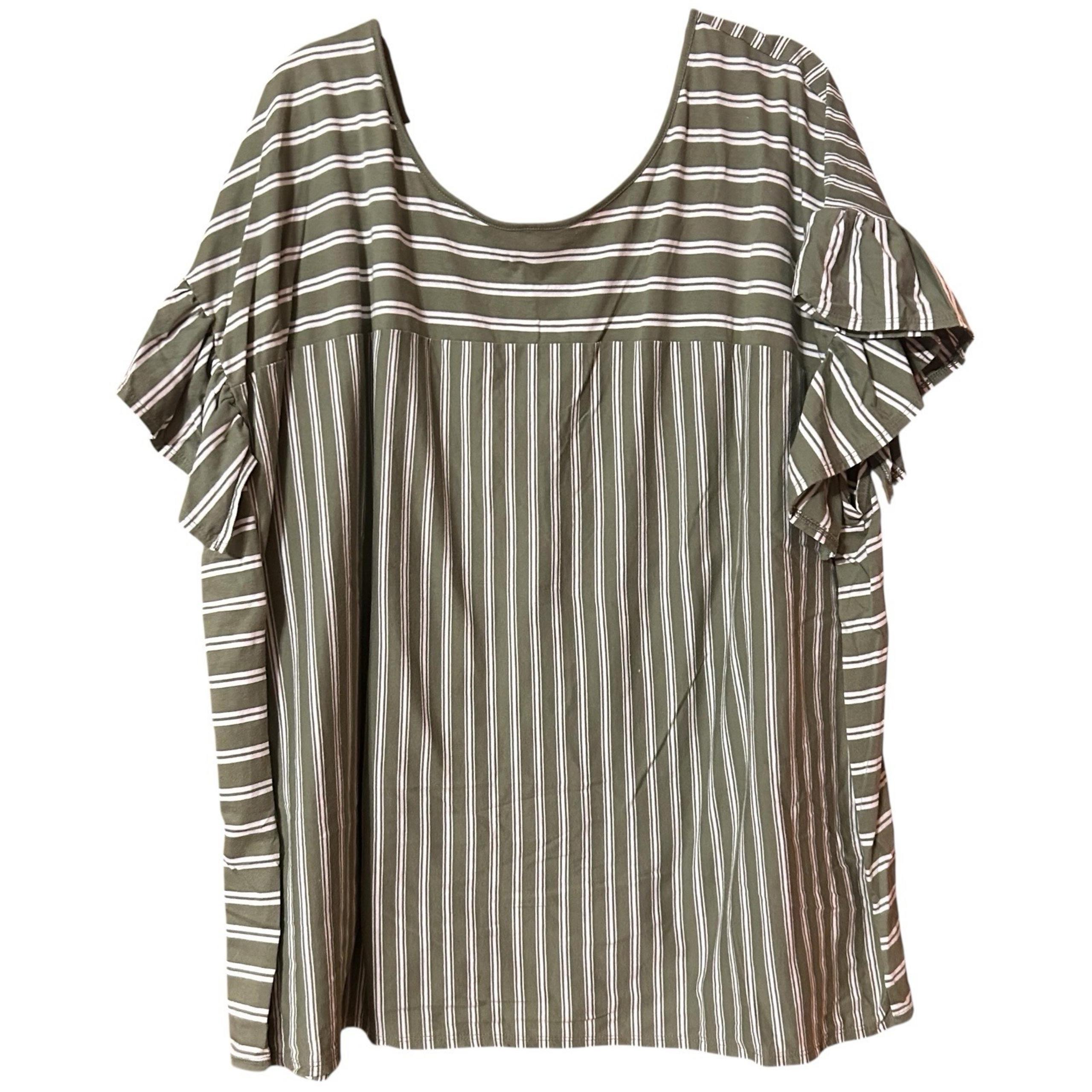 Terra & Sky Women's Blouse Striped Scoop Neck Short Ruffle Sleeve Top Green 3X