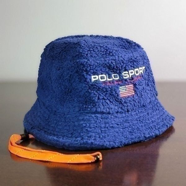 Polo Sport Ralph Lauren USA Sherpa Teddy Fleece Bucket Hat Blue S M Detachable