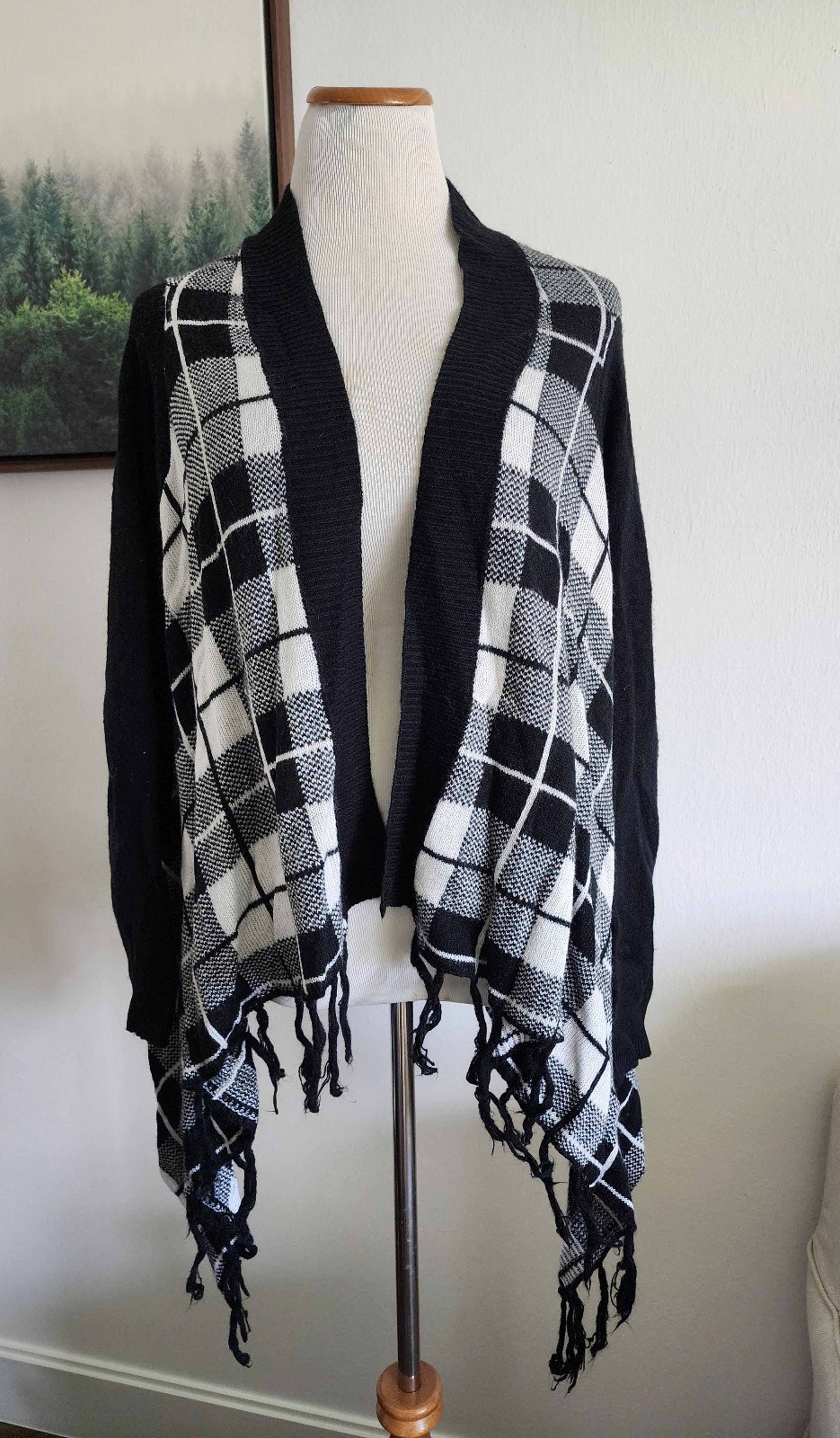 Faded Glory Women's Fringed Plaid Cardigan Sweater Size L