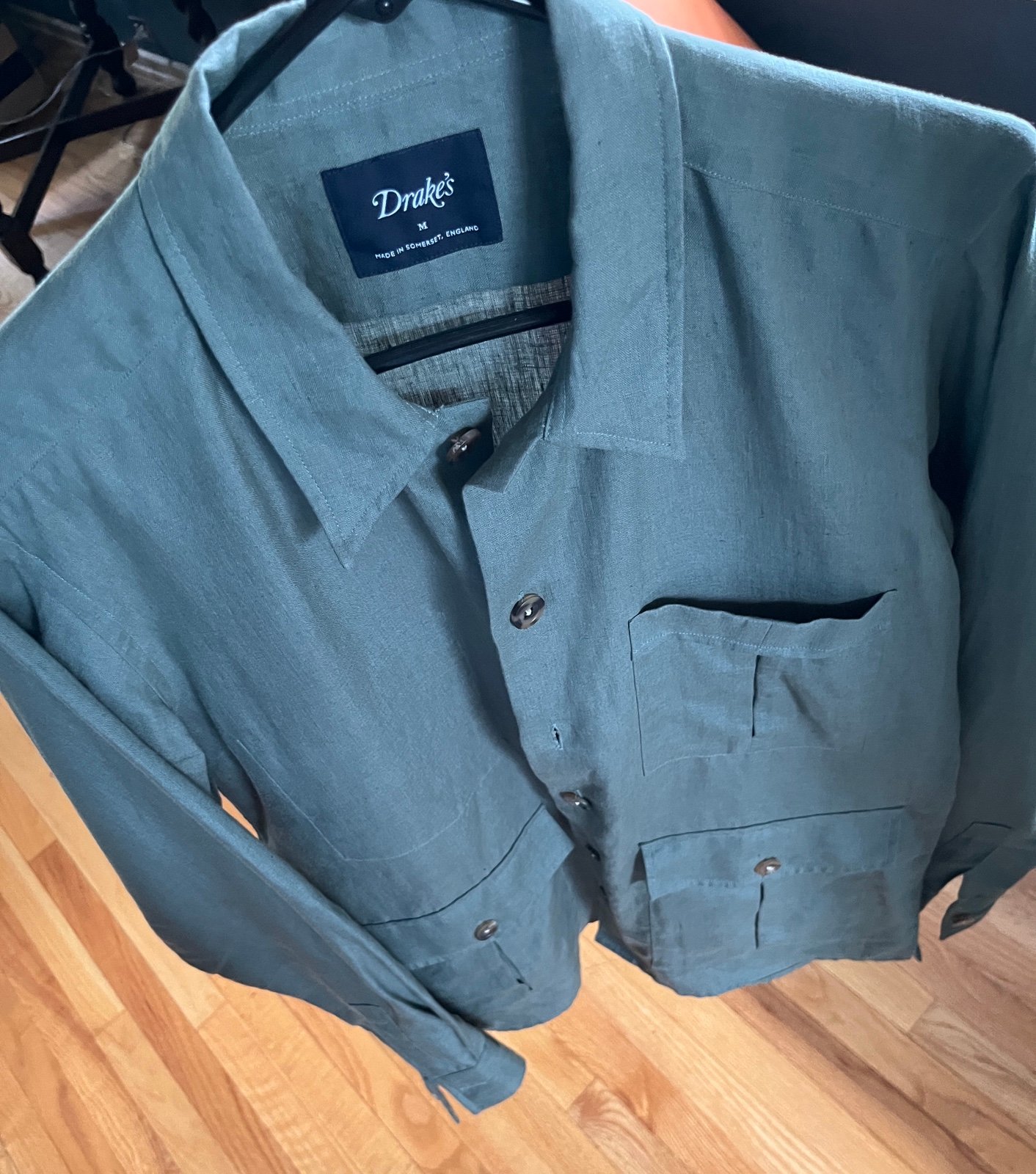Drakes Olive Linen Overshirt M