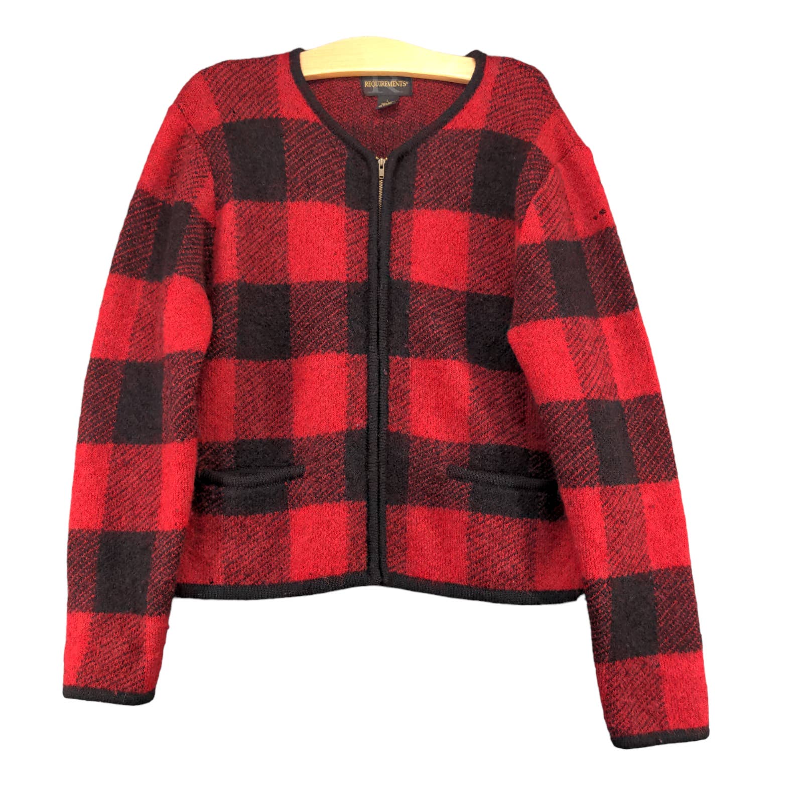 Requirements Women's Full Zip Sweater Red Black Large Wool Buffalo Plaid Vintage