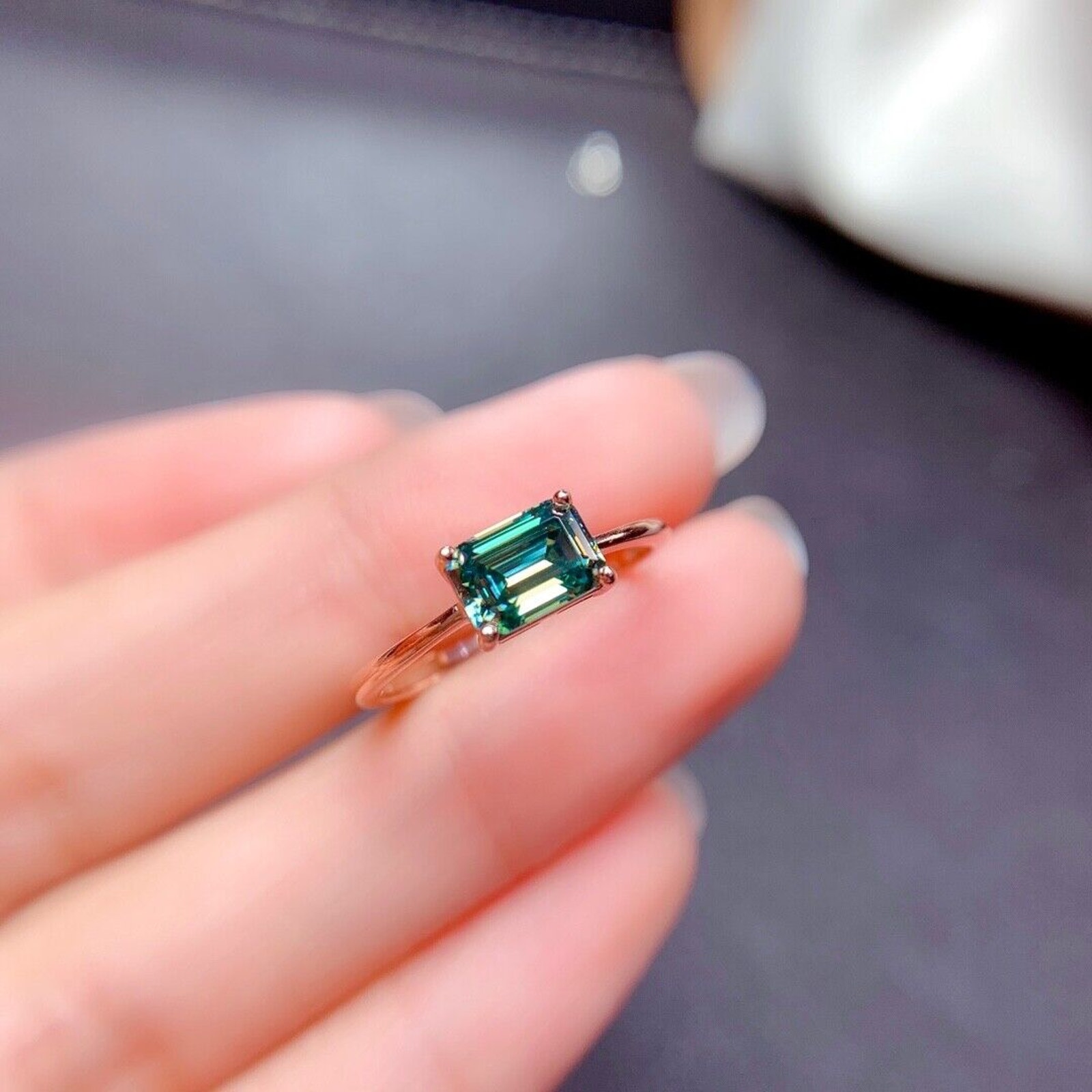 1 Carat Emerald Cut Green Moissanite Ring, Horizontal Green Moissanite Ring