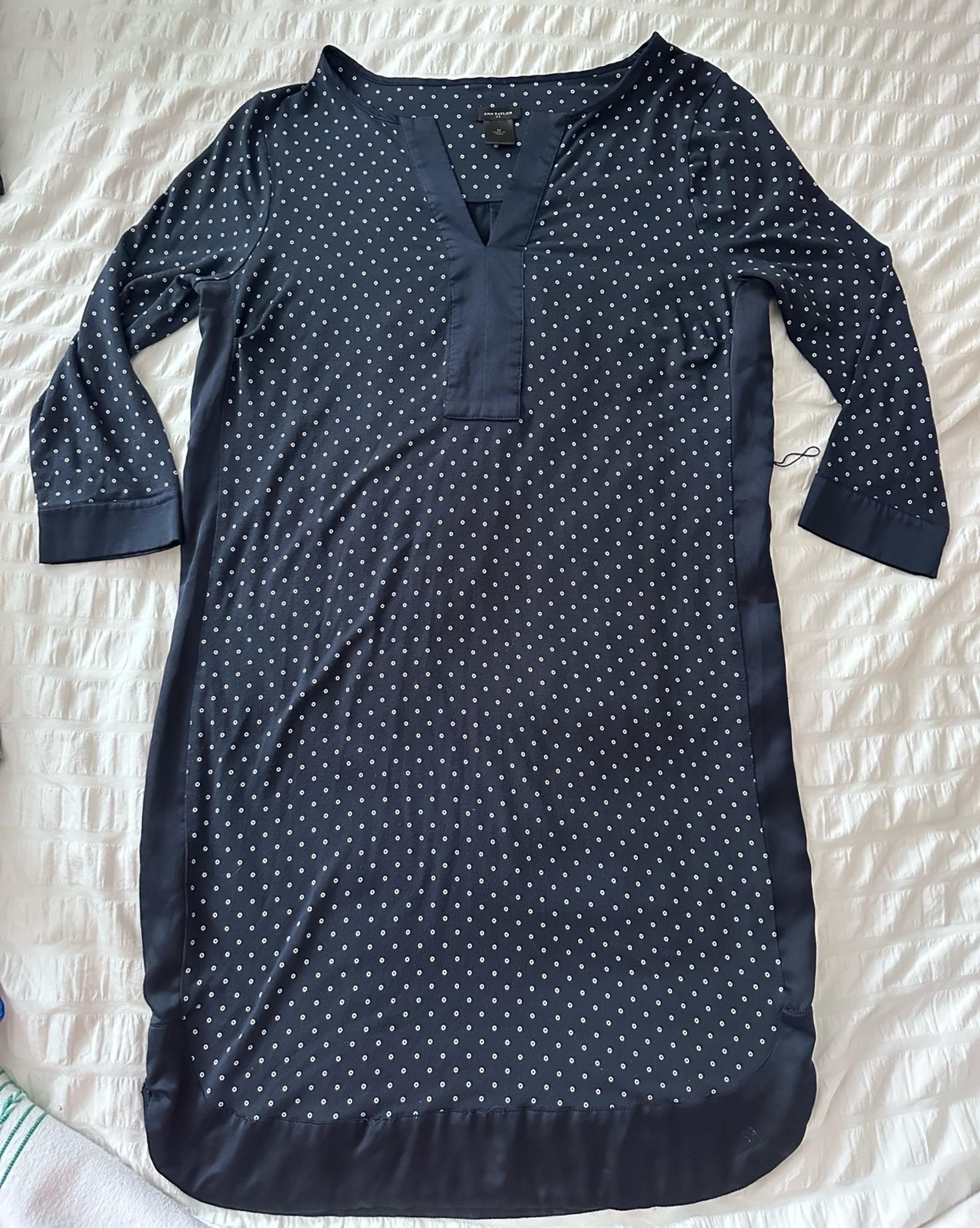 Women’s Ann Taylor Curved Hem Navy Blue Dot Dress