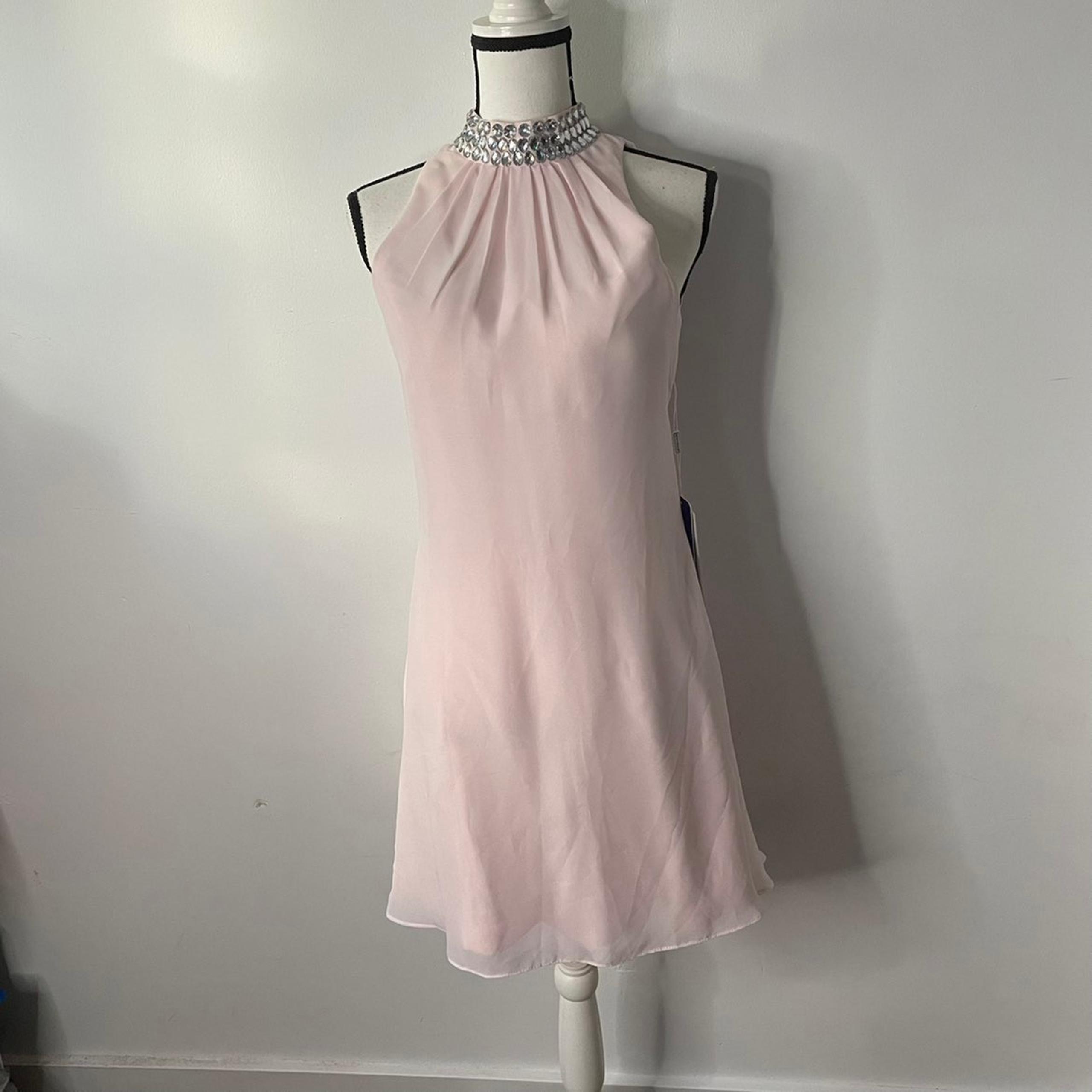 JJHOUSE Women's Chiffon Blushing Pink Dress, with bedazzle around the neck size