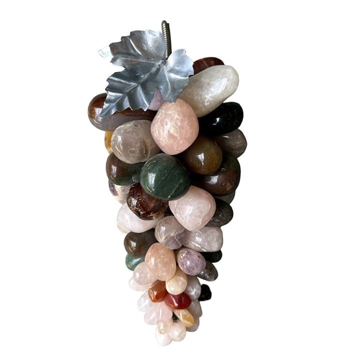 Stone Grape Cluster Leaf Polished Rose Quartz Jade Agate Multicolor VTG 7.75 L