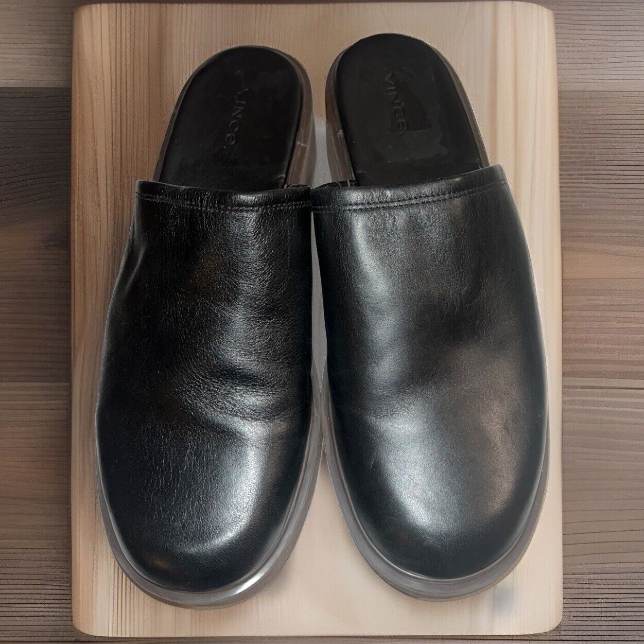 VINCE Anton Leather Platform Mules Black Sz 9 EUR 39 Brown Heel