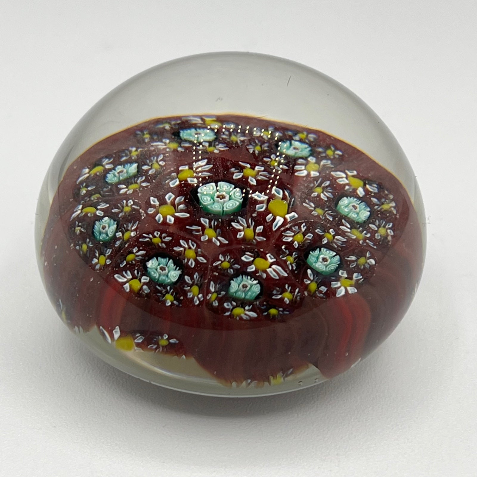 Vintage Italy Murano Millefiori Daisy Blue & White Flower Art Glass Paperweight