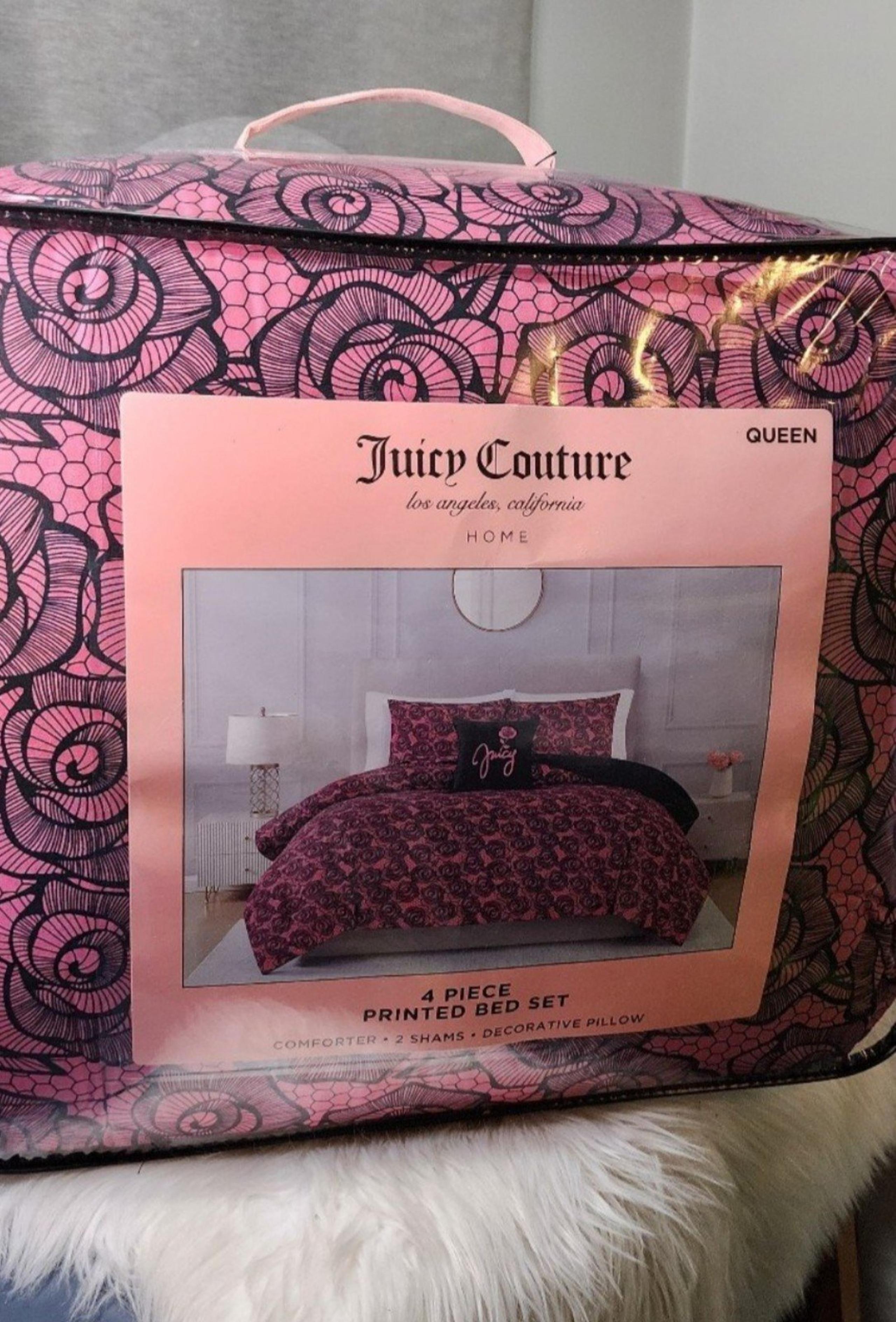 Juicy Couture 8 piece Pink/black Roses QUEEN Comforter  Bed Set  NEW