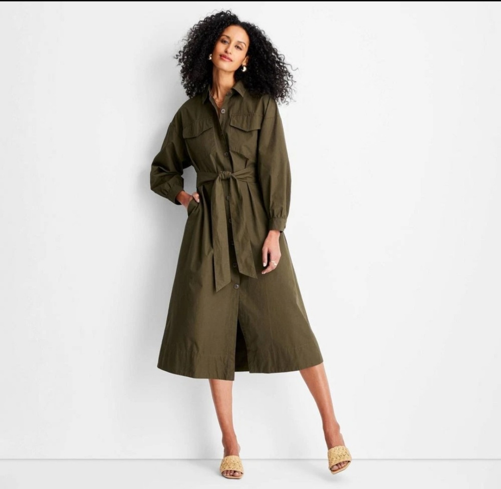 Women's Belted Maxi Shirtdress - Future Collective Dark Olive Green XL
