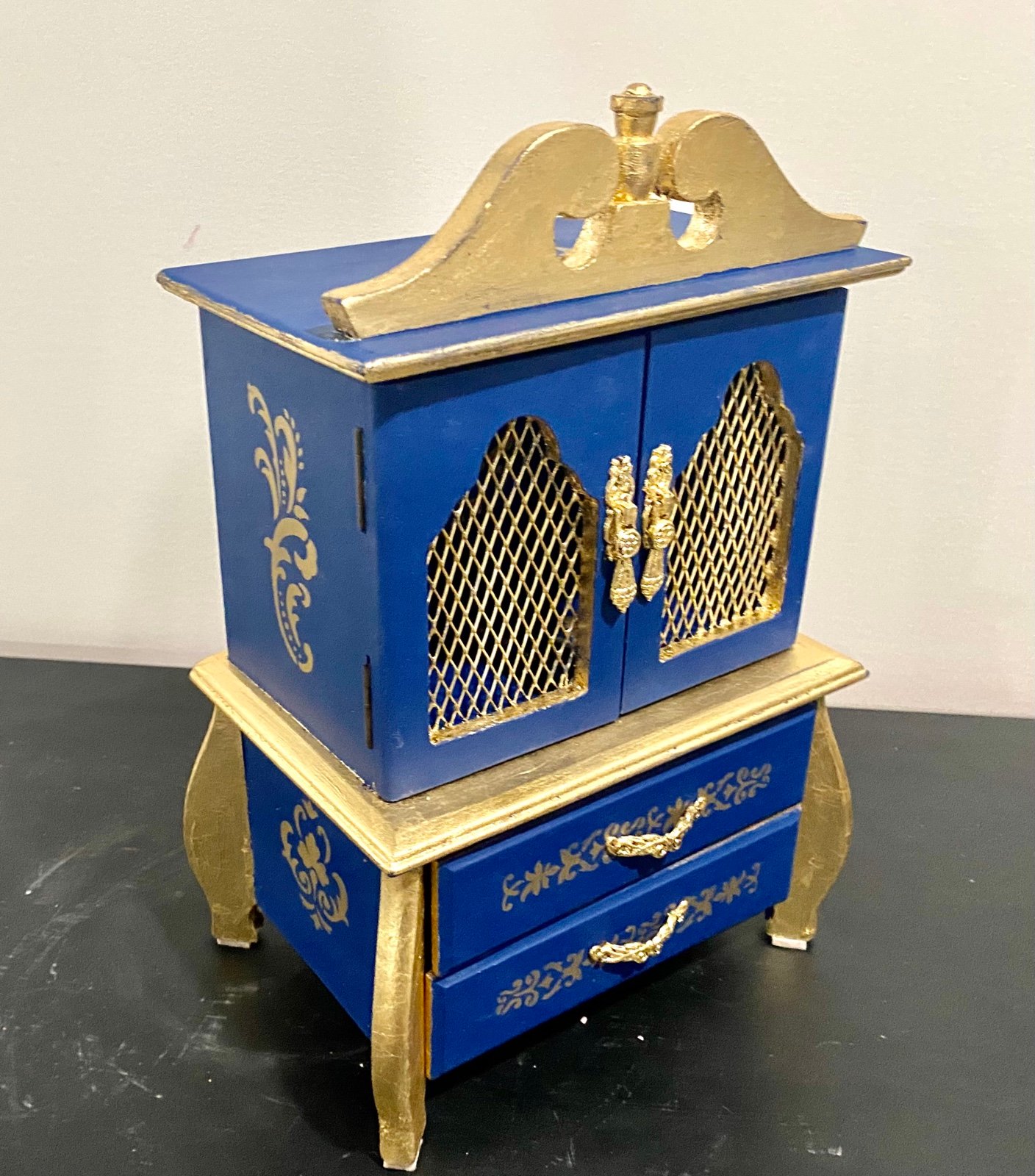 Blue and Gold Painted Vintage Glam Jewelry Box