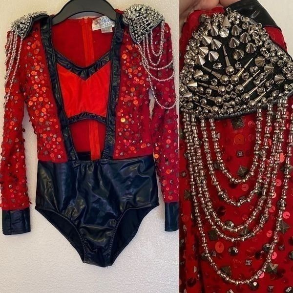 Glamour mature faux leather red goth grunge studed Dance Custom solo costume XLC
