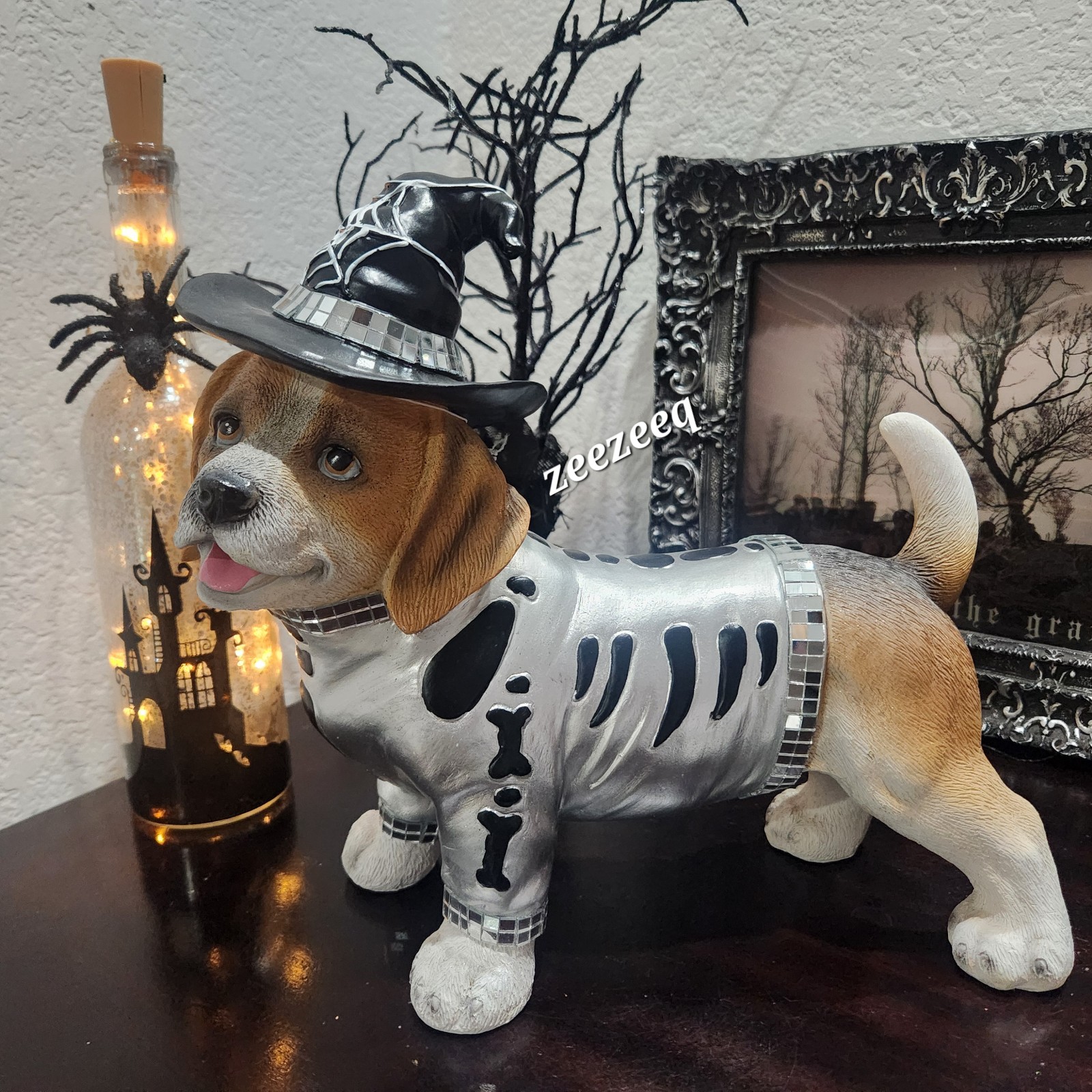 Halloween Golden Dog BLING Skeleton Costume Resin Figurine Statue Decor 12