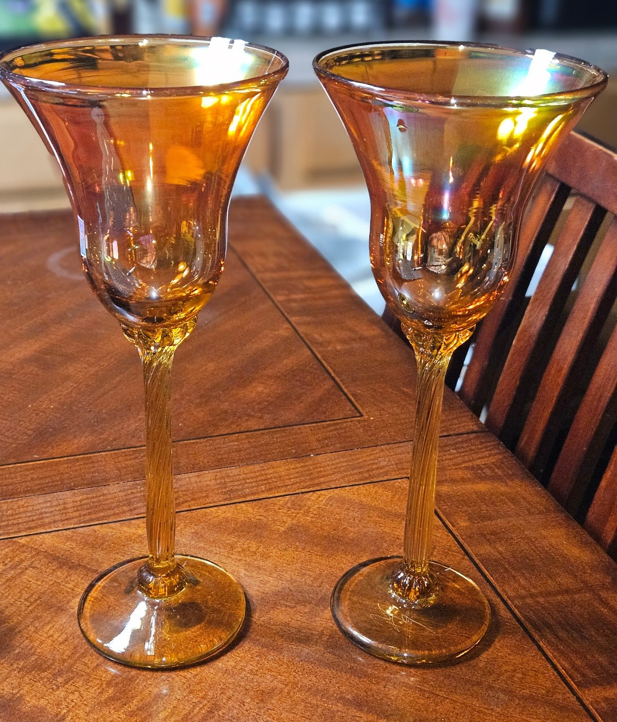 Pair of Rick Strini Hand Blown Tulip Marigold Stemmed Wine Glasses Signed